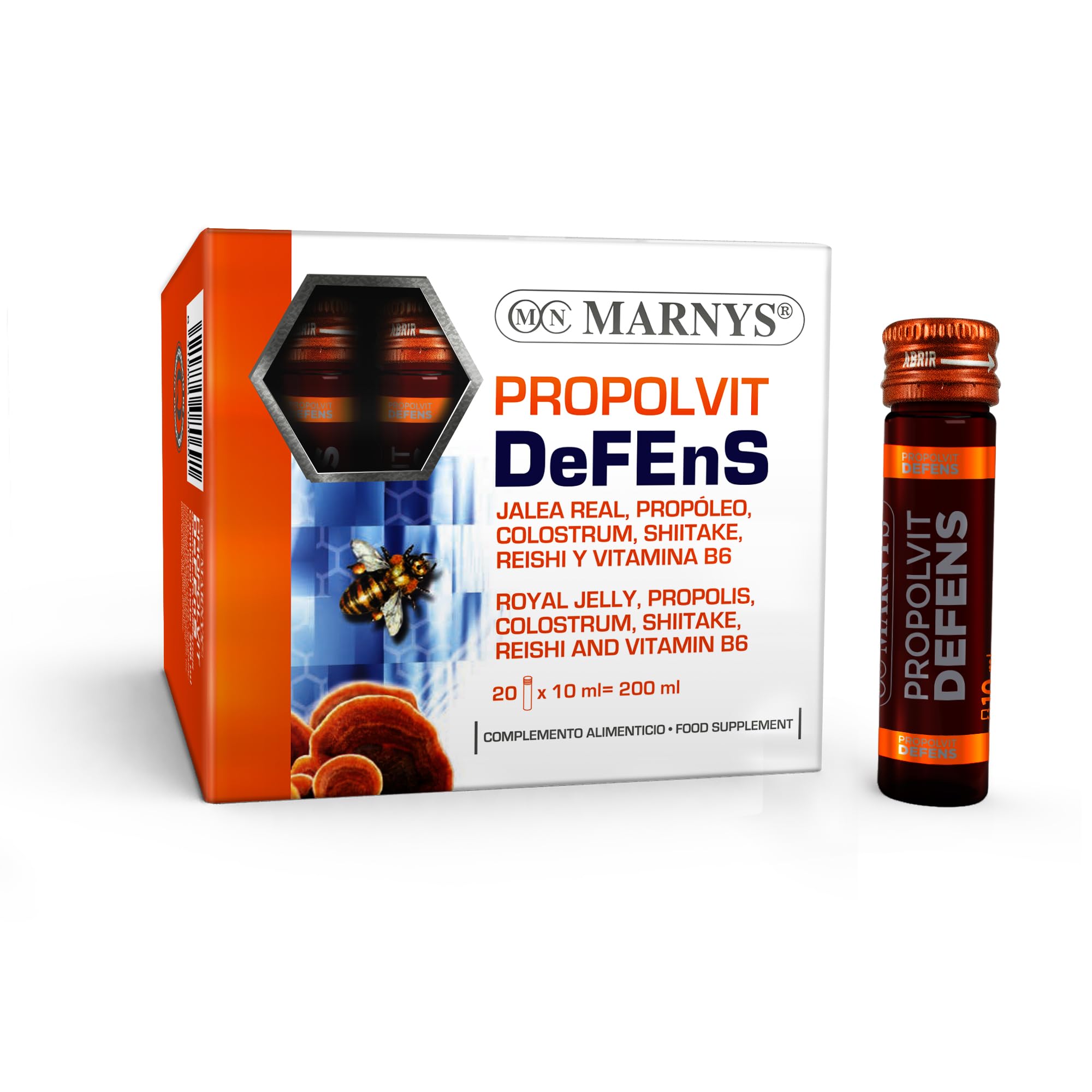 Marnys Propolvit Defens Drinkable Vials 20's - Daily Immune Support with Propolis, Royal Jelly, Colostrum, Reishi & Shiitake Mushrooms & Vitamin B6, Fast-Absorbing Liquid for Adults, Pack of 20