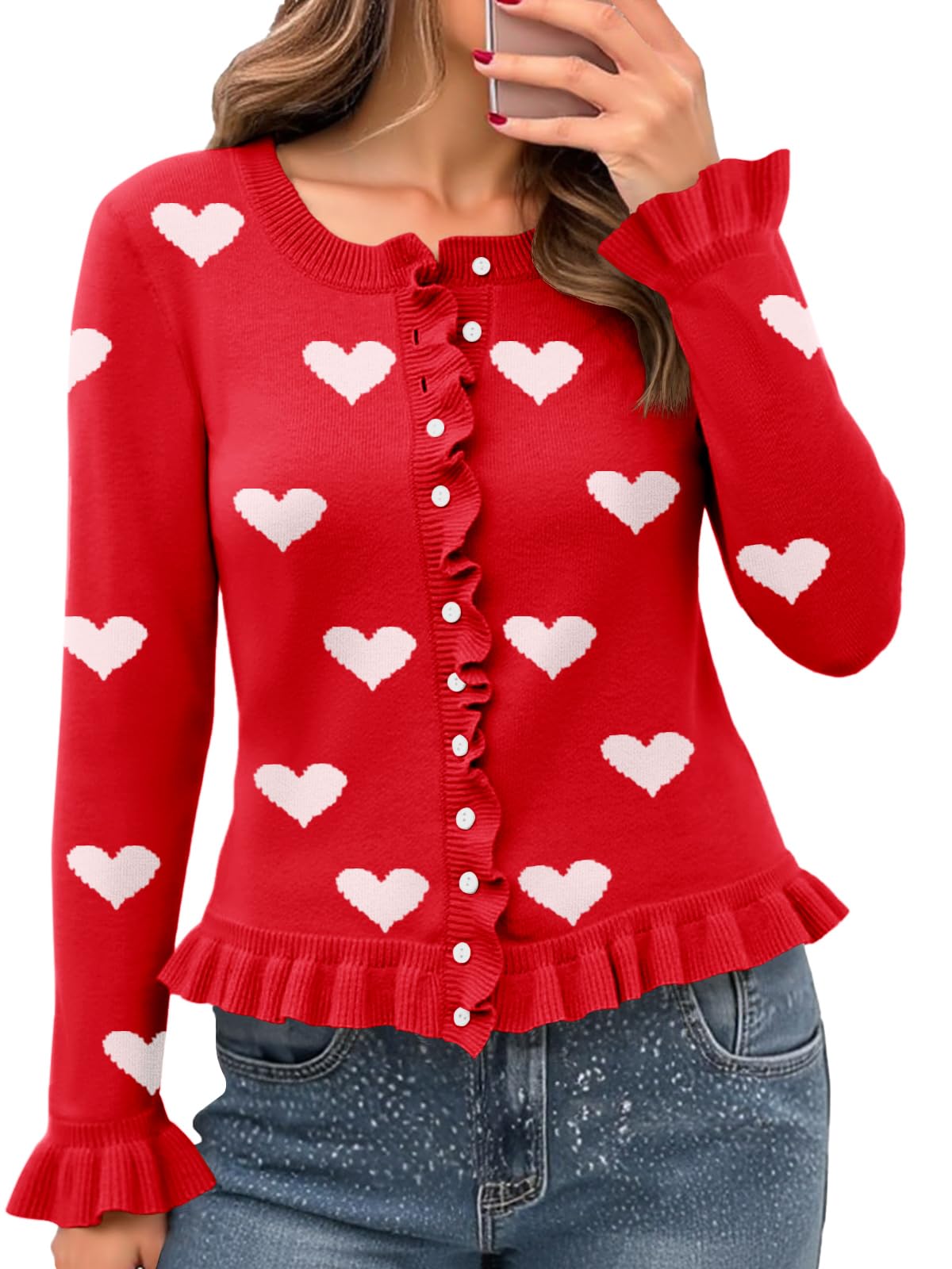 Saodimallsu Womens Ruffle Cardigan Sweaters Button Up Crew Neck Long Sleeve Cropped Sweater Cute Soft Knit Tops