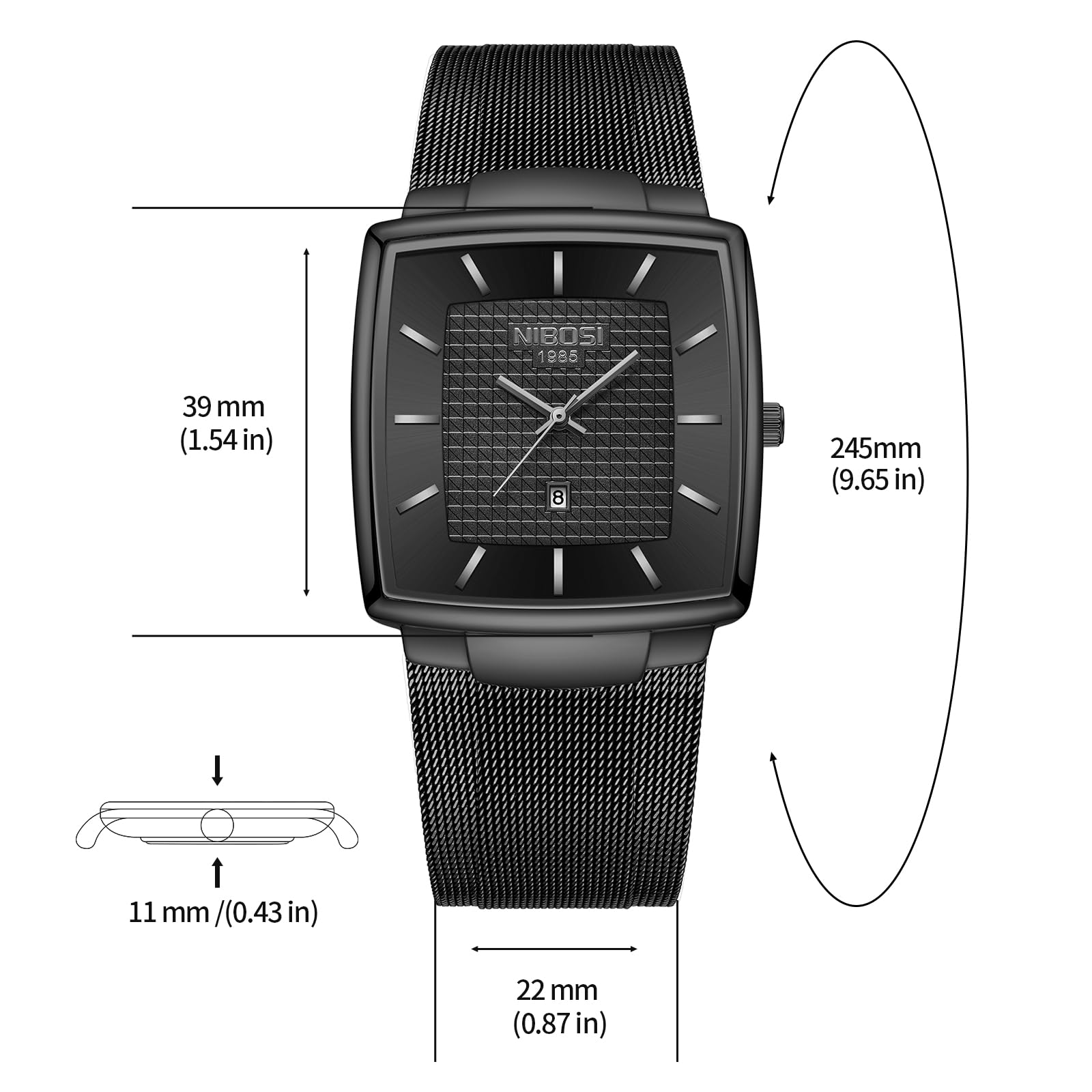 NIBOSI Orologi da uomo Orologi analogici quadrati al quarzo in acciaio inossidabile per uomo Cinturino a maglia Impermeabile Orologio sportivo da lavoro con datario