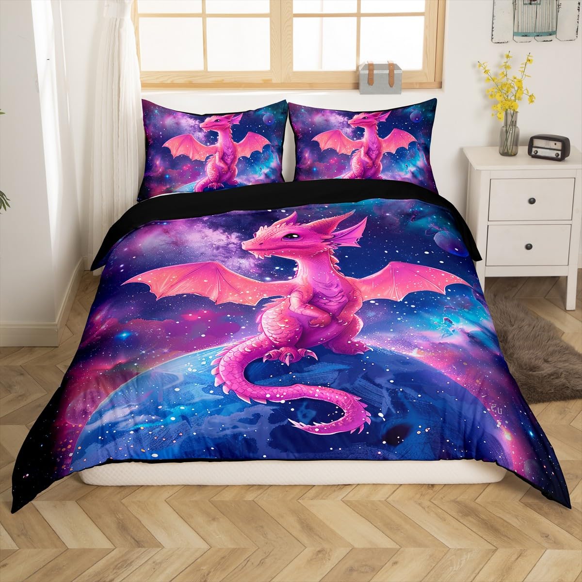 Feelyou Dragon Bedding Set King Size Kids Cartoon Dragon Comforter Cover Set for Boys Teens Galaxy Dragon Duvet Cover Outer Space Bedspread Cover Room Decor Quilt Cover,No Comforter