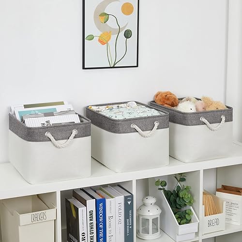 Miniatura 5 de Bidtakay Cestas blancas con asas de cuerda de algodón decorativas 3 unidades Contenedores de tela para organización de ropa de armario, estantes,