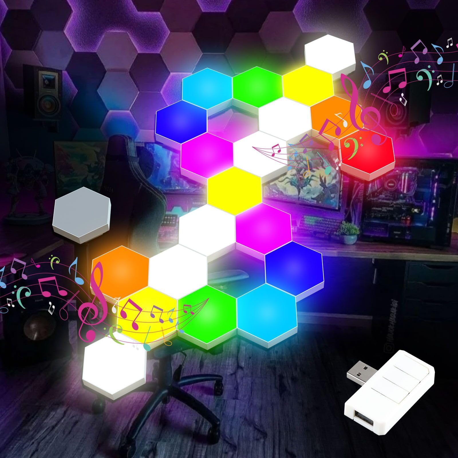 Vcwtty - Luces hexagonales de sincronización de música, luces LED inteligentes de pared, paquete de 10 unidades, paneles de pared RGB modulares ensamblados, luz hexagonal con alimentación USB para