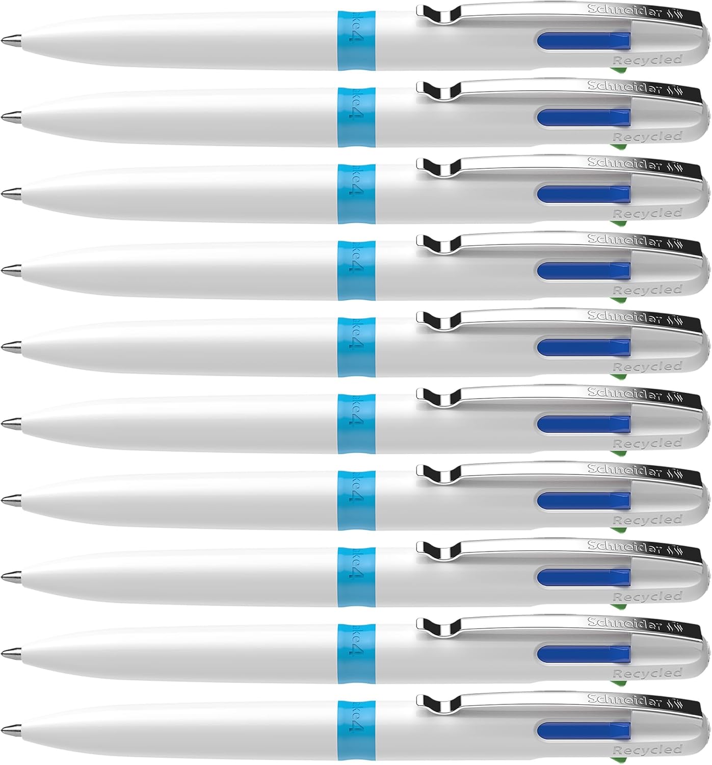 Schneider Take 4 Ballpoint Pen M (Medium), Refillable + Retractable, White Barrel, 4-In-1 Multicolor Inks: Black, Red, Blue, Green, Box of 10 Pens (138049)