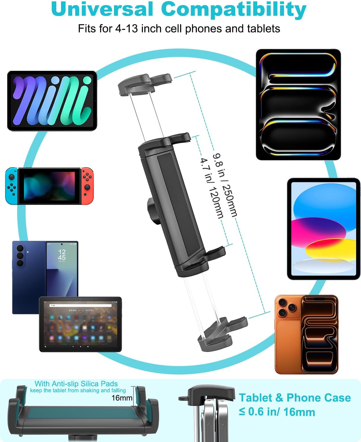 Heavy Duty Tablet Holder for Truck, Drill Base Car Tablet Holder with Metal Adjustable Arm, RV Pickup Vehicle Dashboard Mount for iPad Pro 12.9 Air Mini, Galaxy Tab, Z Fold, iPhone, 4-13"Device
