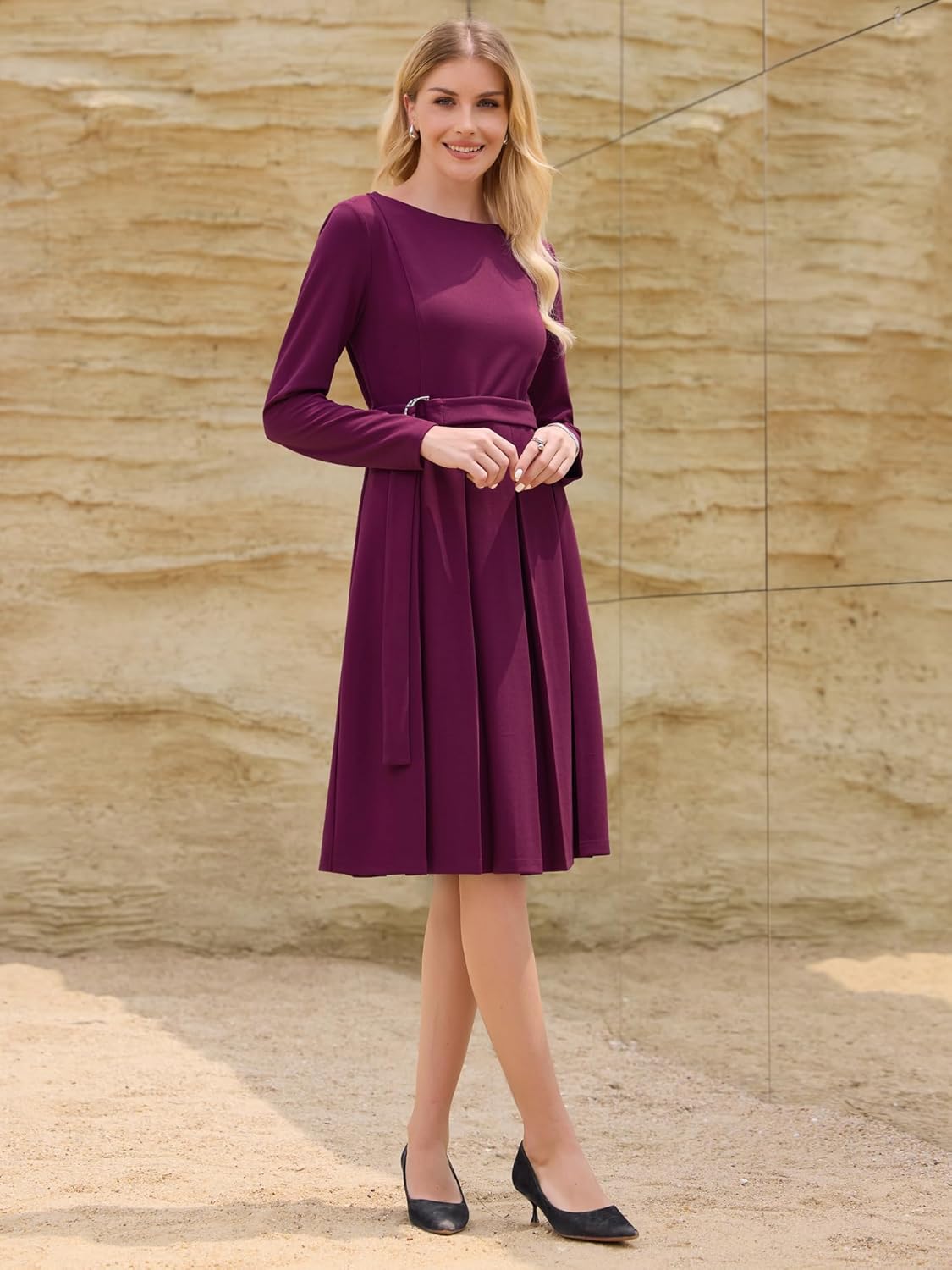 Women's Pleated Dress A Line Tie Waist Business Casual Long Sleeve Dresses - Image 3