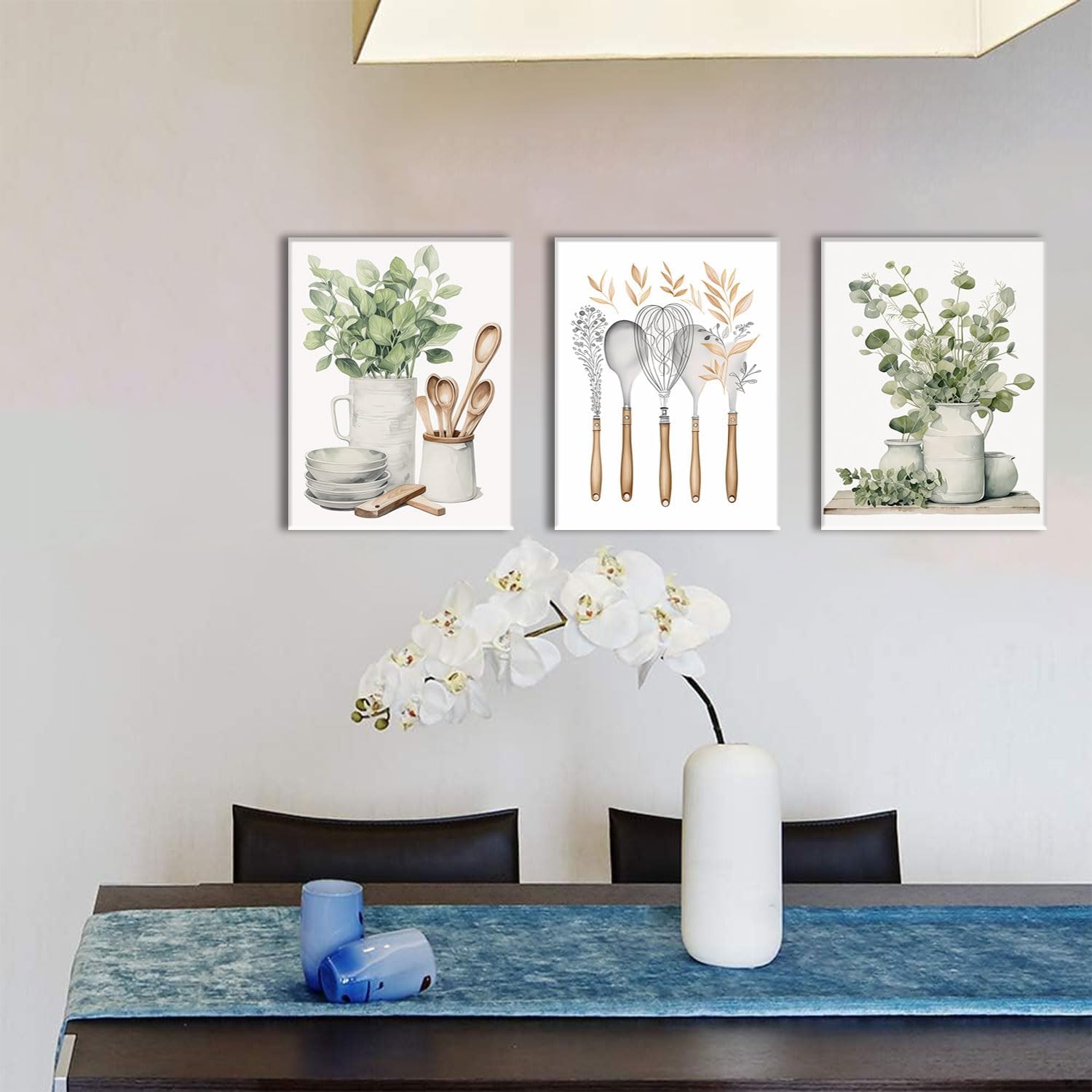 AOYUSMO 3 Piece Canvas Wall Art Kitchen Wall Art Sage Green Pictures Botanical Paintings Farmhouse Artwork Eucalyptus Nature Art Prints for Dining Room 16"x24"