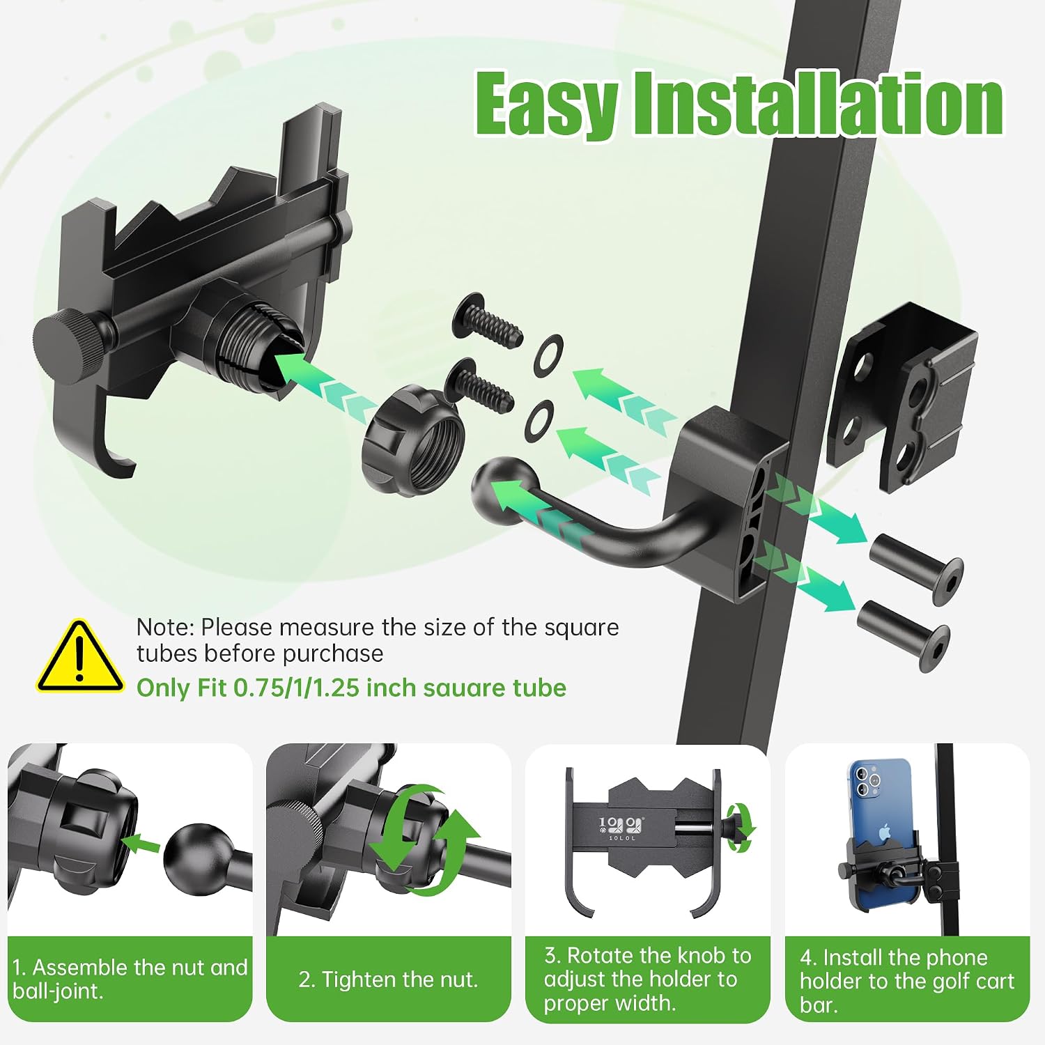 Phone Mount for Yamaha, EZGO, Club Car, 360-Degree Rotatable Universal Golf Cart Phone Holder Compatible with Most Smartphones - No Drilling