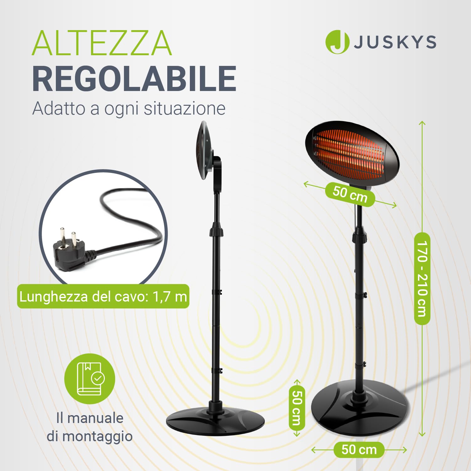 Juskys stufa a infrarossi 2000W – Nero, riscaldatore da esterno con supporto telescopico & 3 potenze per balcone & patio