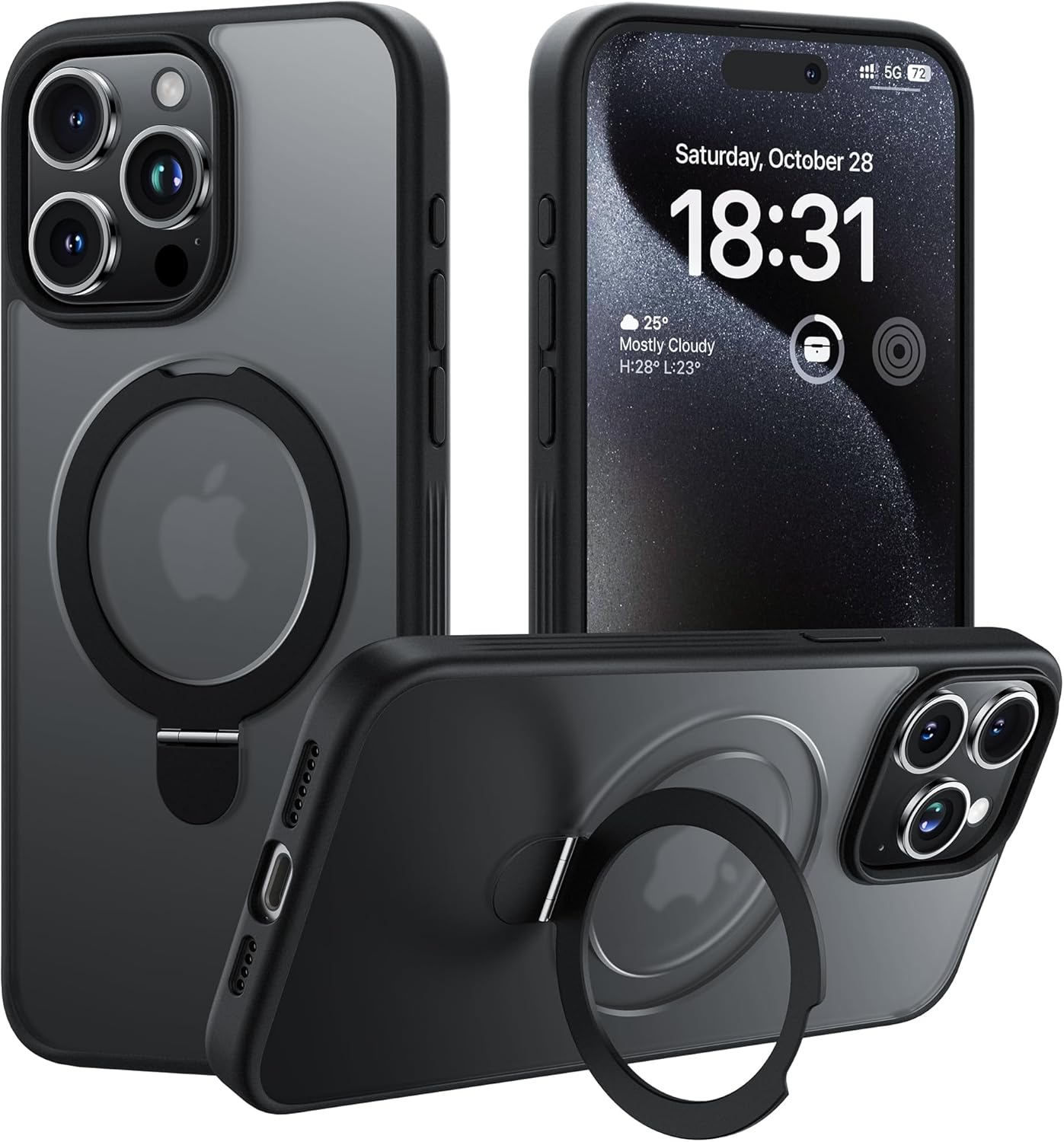 ImpactStrong Magnetic Guard for iPhone 15 Pro Max Case with Stand [Military Drop Protection] [for MagSafe Charging] Shockproof Translucent Matte Phone Cover, Black