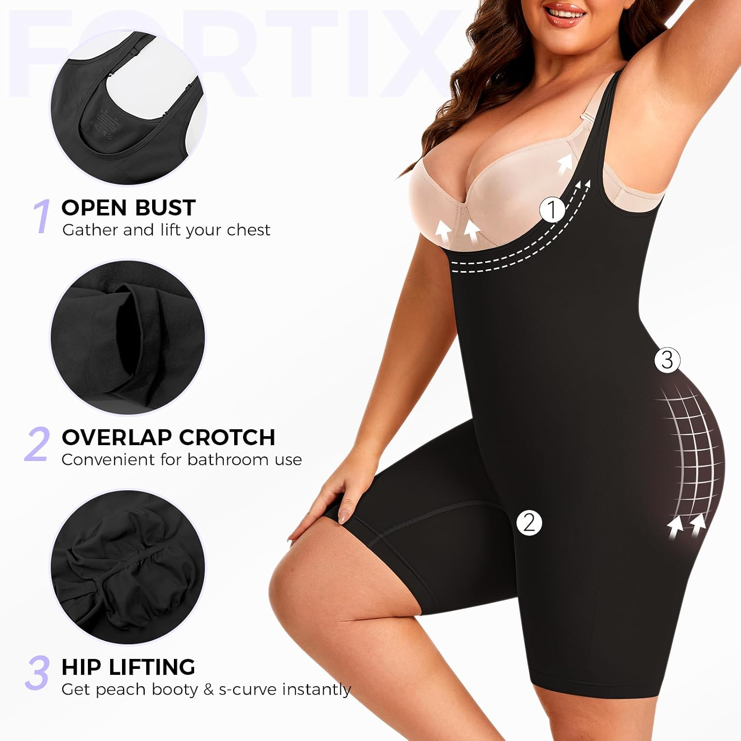 fortix Plus Size Open Bust Women Shapewear Bodysuit Tummy Control Body shaper Under Dress Faja Thigh Slimmer