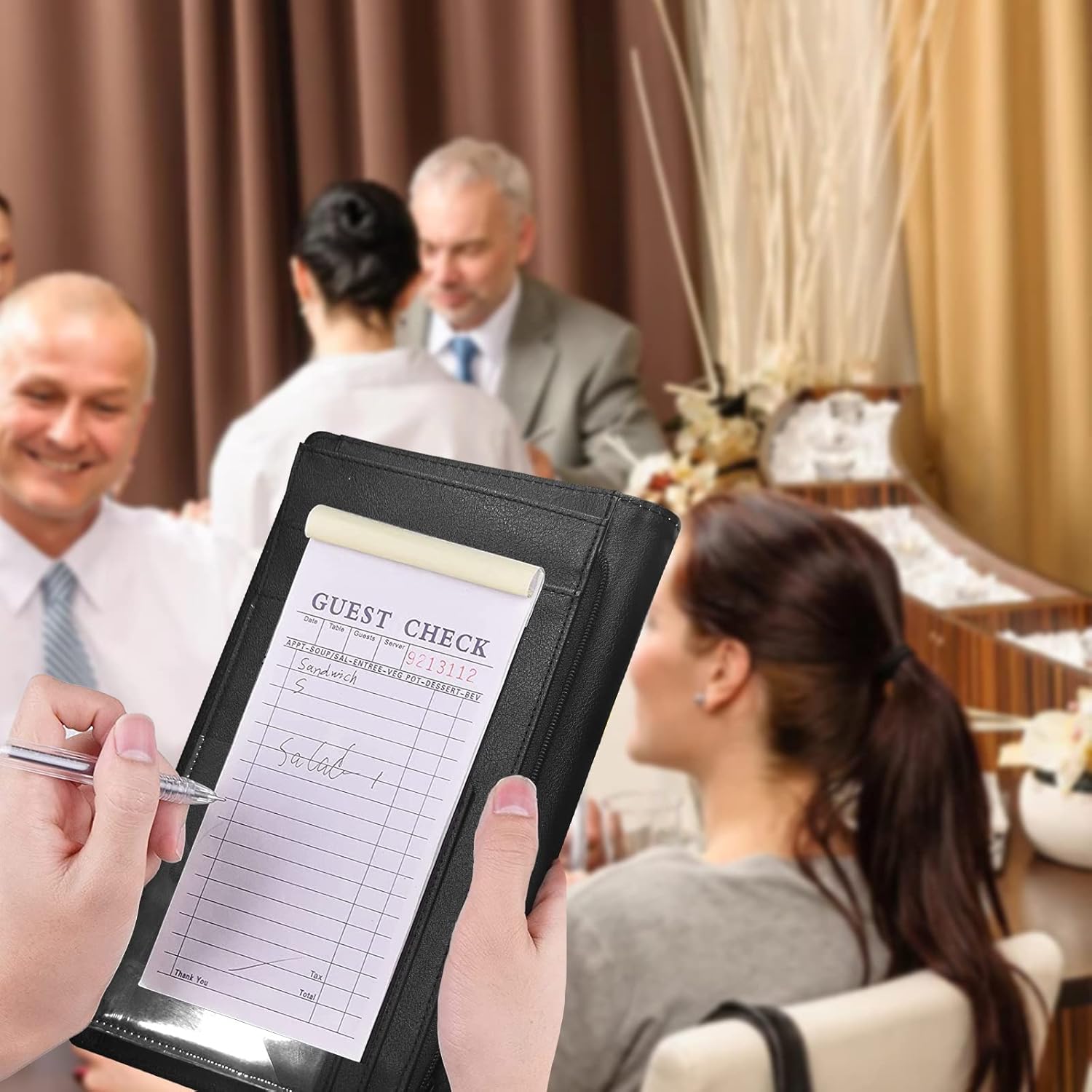 Server Books for Waitress with 11 Large Pockets, Waitstaff Server Order Pads, Leather Waitress Book Server Wallet with Elastic Band Fit Server Apron, Sunflowers