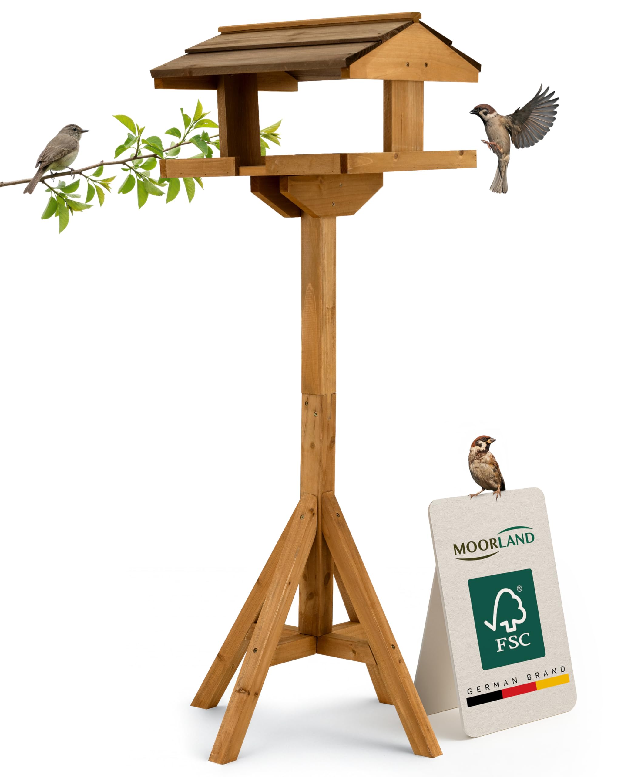Moorland Wooden Garden Bird Feeders with Stand 114 cm – Large Open Fronted Bird Box for Robins – FSC Wood Birdhouses for Garden – Weatherproof Roof Dark & Freestanding Nesting Box – VH4
