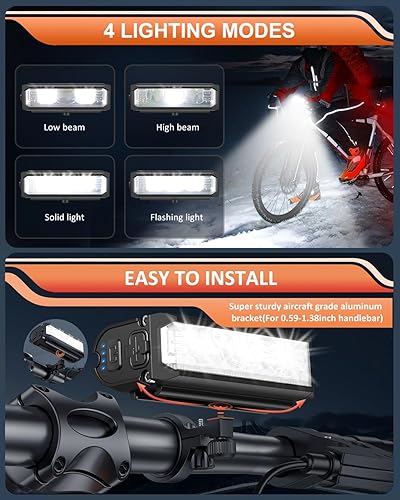 Miniatura 4 de ONVIAN Juego de faros delanteros y traseros para bicicleta de 2000 lúmenes, luces delanteras y traseras para conducción nocturna, impermeables,