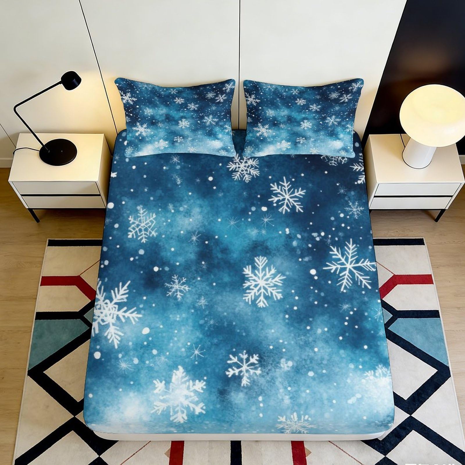3D Printed Snowflake Design Fitted Sheet Microfiber Deep Pocket Bedroom Bedding Snowflake Mattress Fitted Cover 140x200x25cm