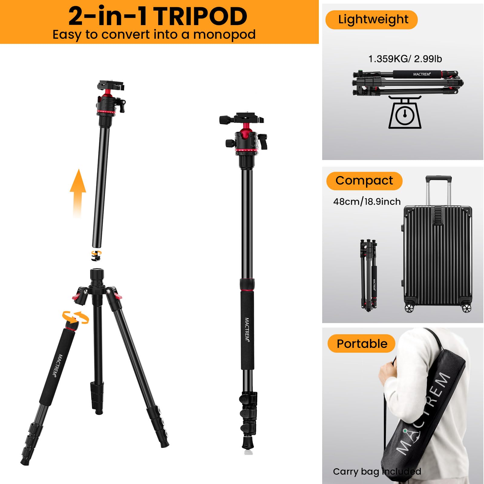 Treppiede per Fotocamera,MACTREM Treppiede da Viaggio e Monopiede in Alluminio da 74 Pollici/187 cm con Testa a sfera a 360°, Treppiede Leggero per Smartphone, iPad, Canon, Nikon, Sony