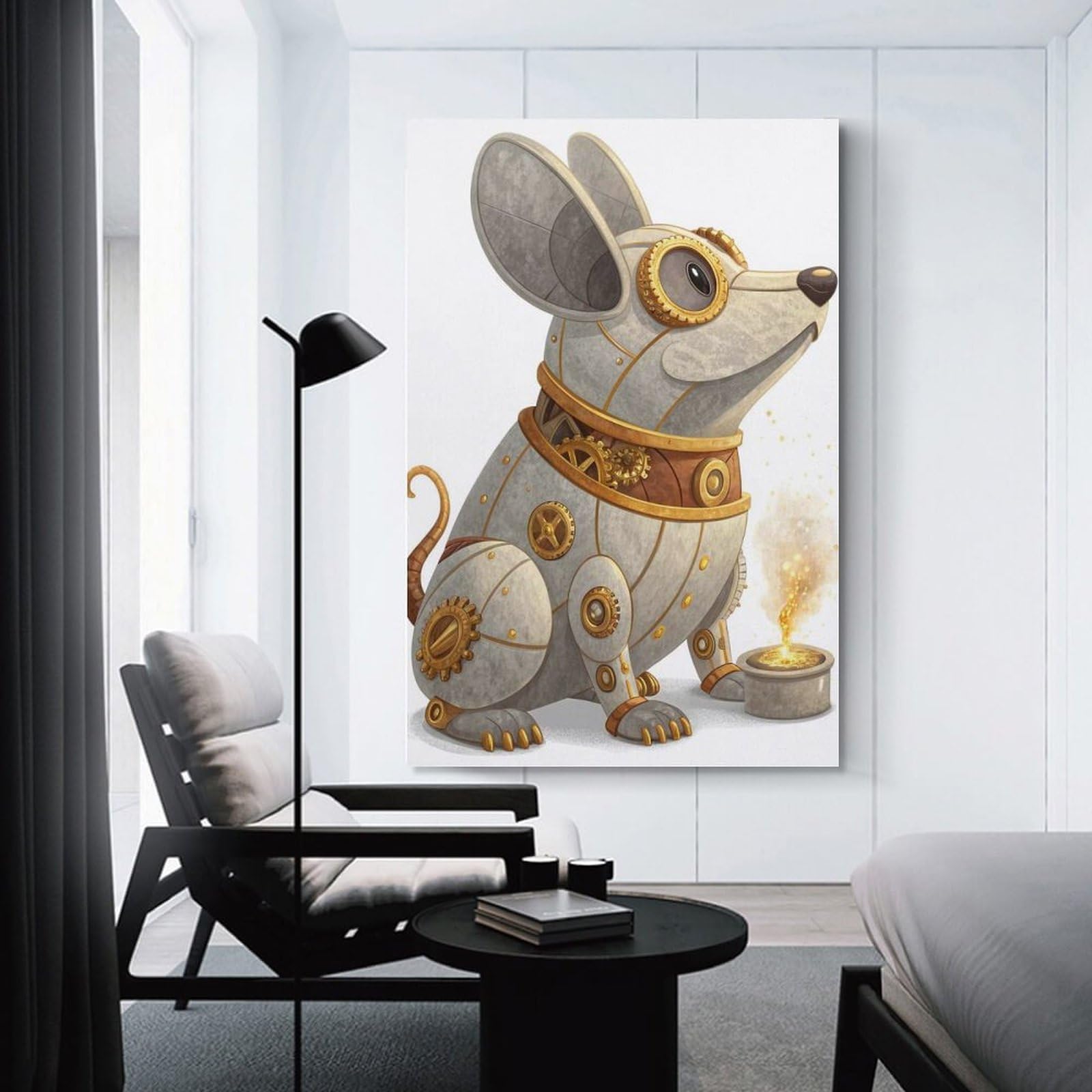 Junmoney Steampunk Mouse with Molten Gold Canvas Art Print 24x36inch(60x90cm), for Bedroom Decor, Cosy Corners Or Studios, An Easy Wall Refresh for Bedrooms