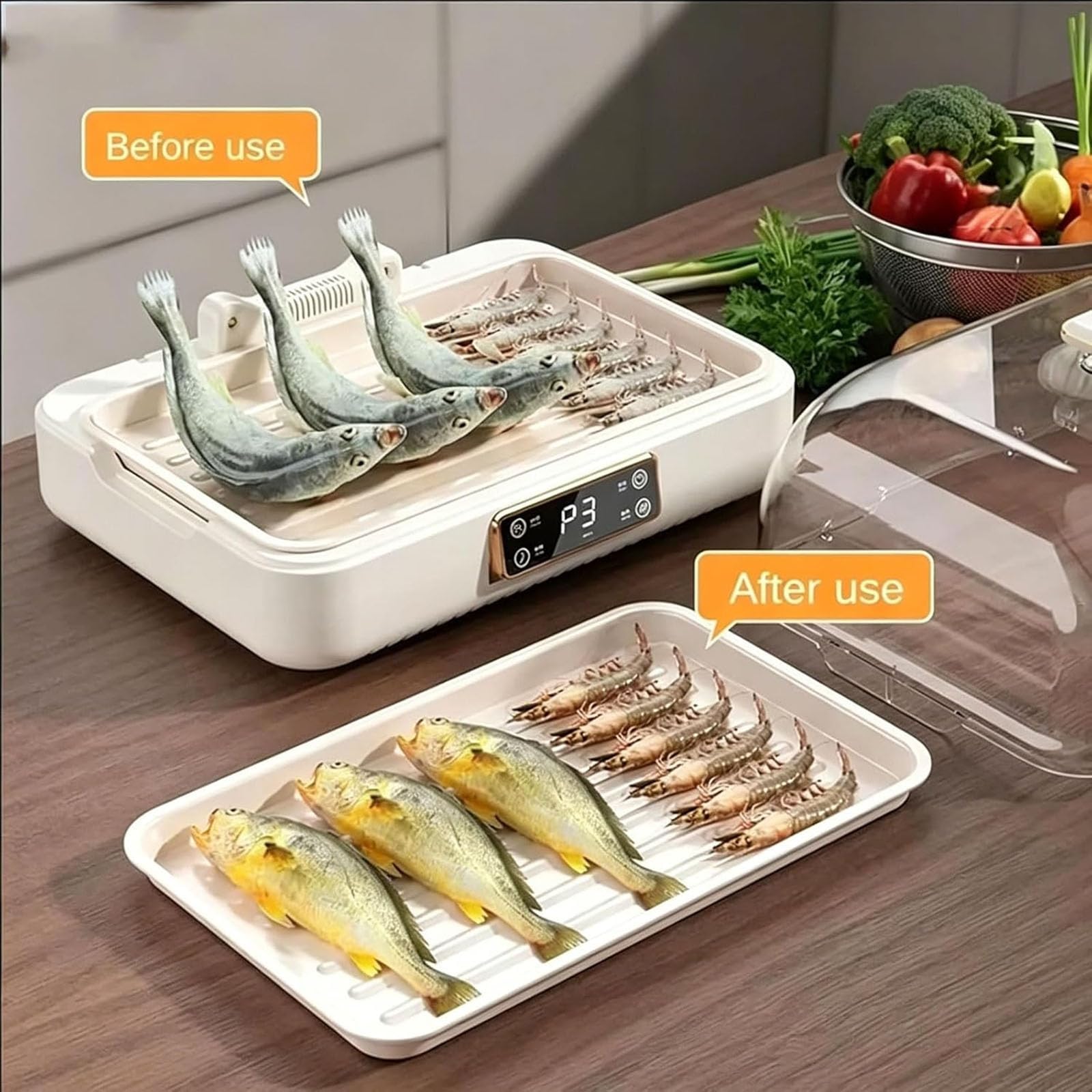 Descongelador eléctrico de alimentos, máquina de descongelación de carne de 8 litros con pantalla LED, ajuste de 3 velocidades, ciclo de calor de 360° para filetes y mariscos