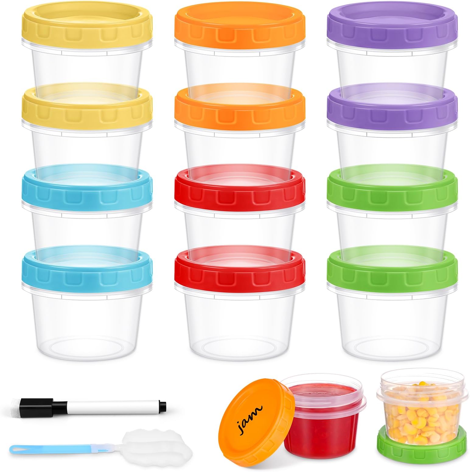 4 oz Small Plastic Containers with Lids, 12 Pack Stackable Small Freezer Container, Reusable 1/2 Cup Food Containers for Snack Puree Fruit, with Pen and Brush, Microwave & Dishwasher Safe