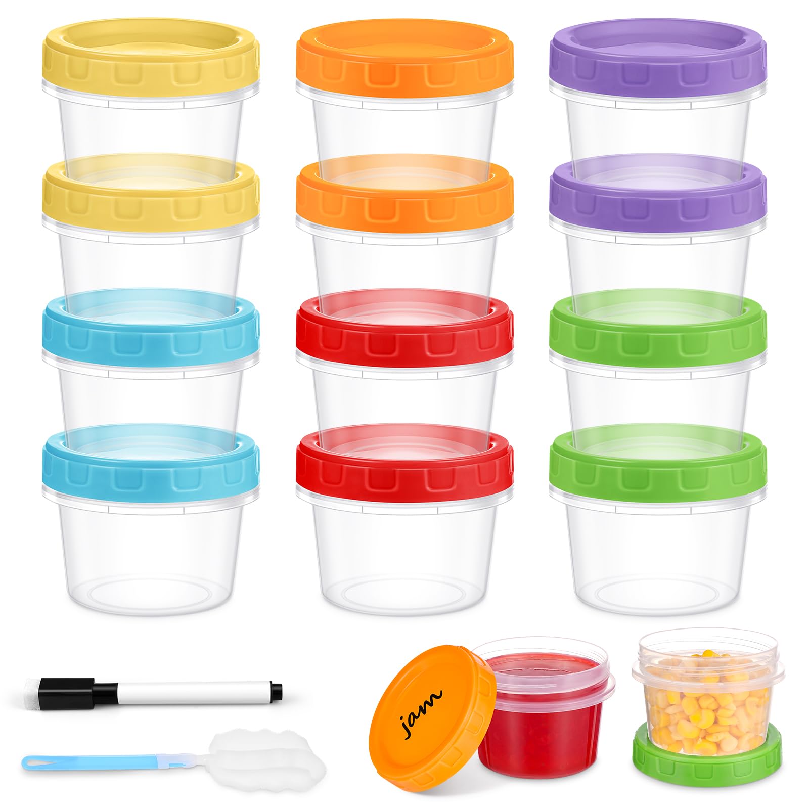 4 oz Small Plastic Containers with Lids, 12 Pack Stackable Small Freezer Container, Reusable 1/2 Cup Food Containers for Snack Puree Fruit, with Pen and Brush, Microwave & Dishwasher Safe