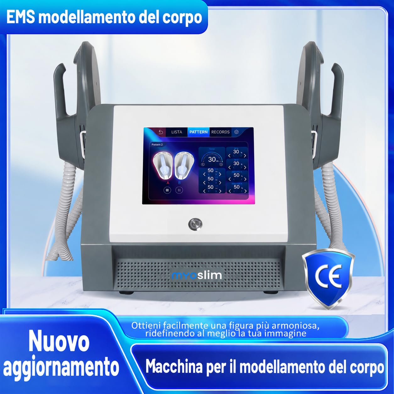 myoslim Macchina EMS Body Sculpt a 2 Manipoli, Dispositivo per Rimodellamento Estetico del Corpo, Elettrostimolazione Muscolare, Schermo Tattile, Uso Salone