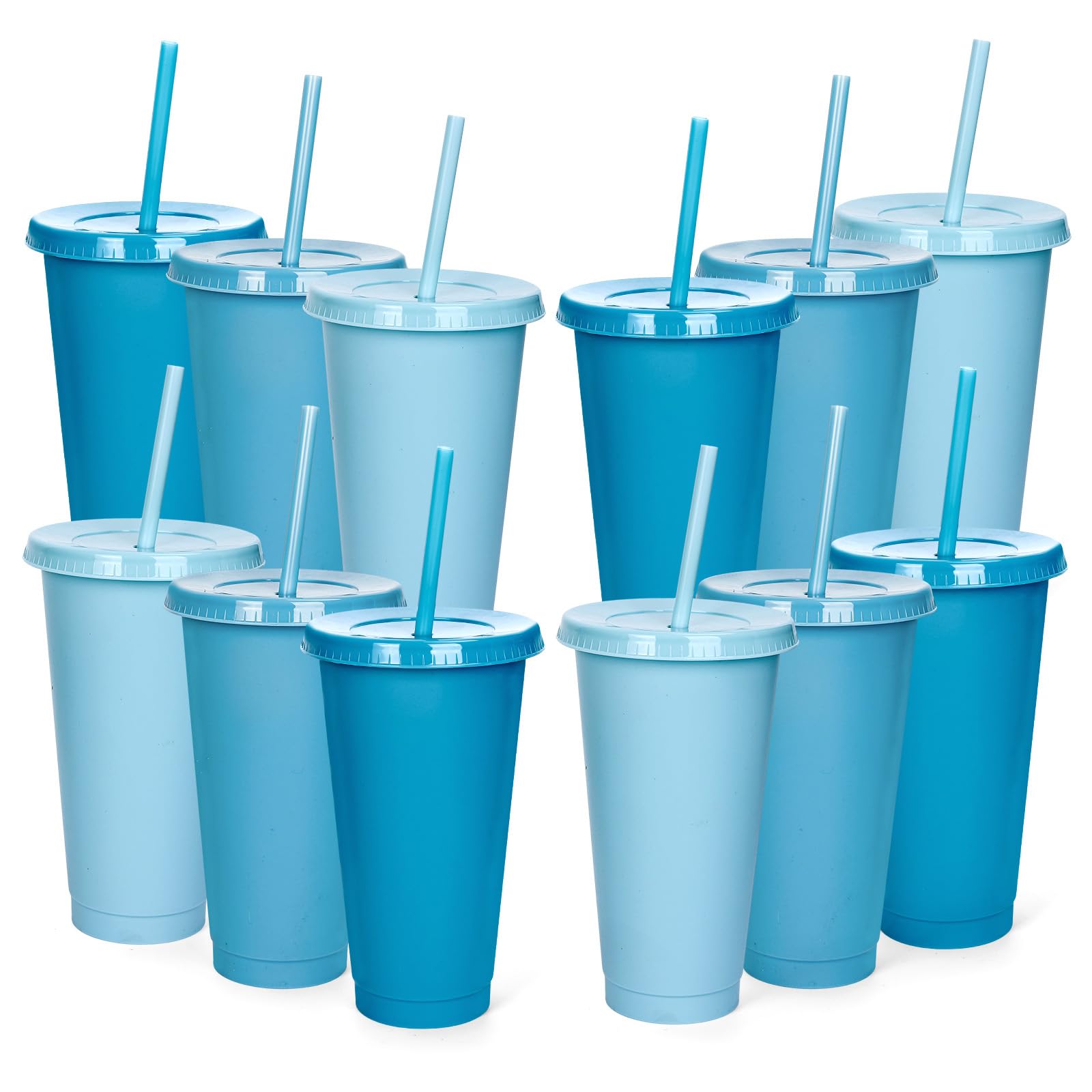 Whaline Lot de 12 gobelets en plastique réutilisables avec couvercles plats avec couvercles plats – Gobelets de voyage réutilisables pour café glacé, boissons, boissons – 3 couleurs – Accessoires de