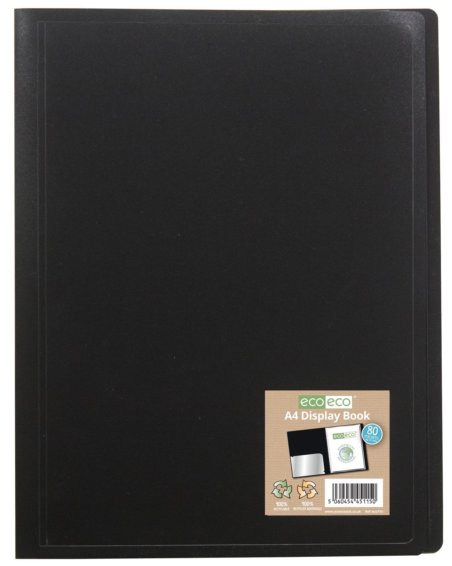 eco-eco A4 100% Recycled 80 Pocket Black Flexible Cover Portfolio Book Folder Display Book, eco115