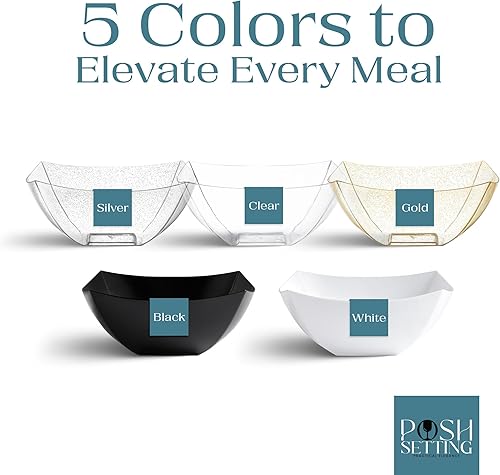 Miniatura 7 de Posh Setting - Tazones de plástico negro para servir (32 onzas  4 unidades) cuadrados, desechables, ensaladas y frutas para mesa de fiesta,