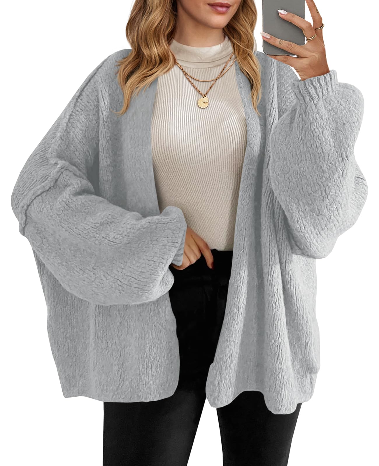 Womens Oversized Cardigan Sweaters Open Front Chunky Knit Casual Long Lantern Sleeve Fall Sweater Coats-image-0