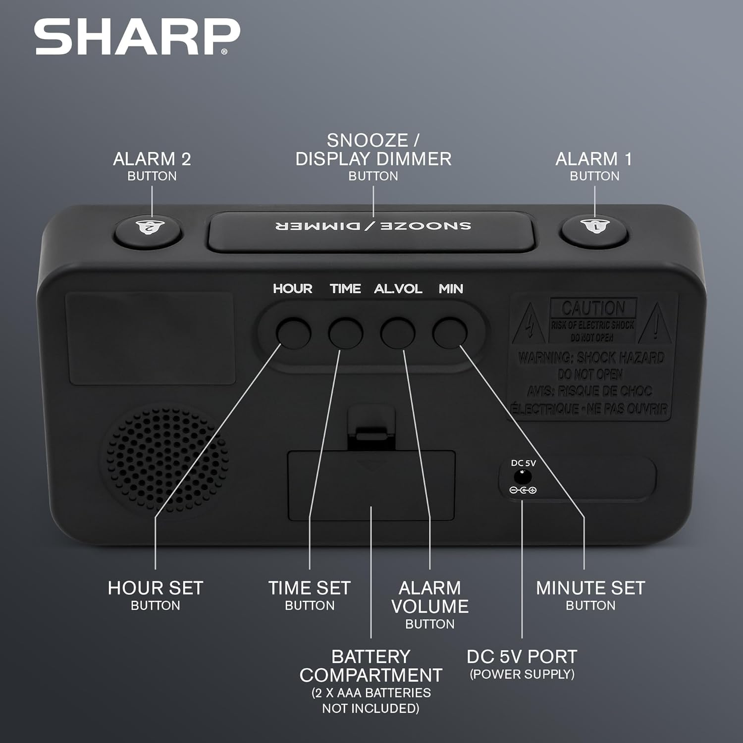 Rear view of Sharp Digital Alarm Clock showing control buttons and ports