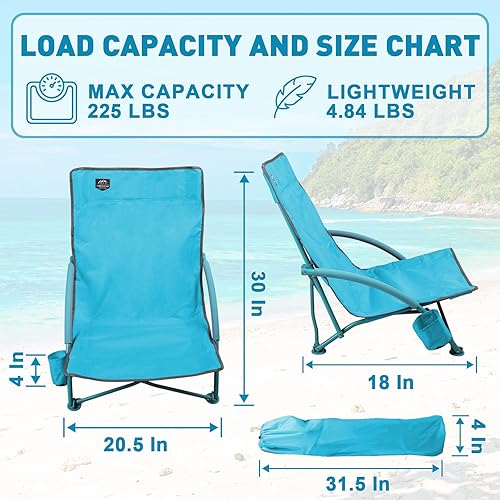 Miniatura 2 de Paquete de 2 sillas bajas de playa, sillas reclinables plegables para adultos, sillas de camping ligeras de asiento bajo con soporte para tazas,