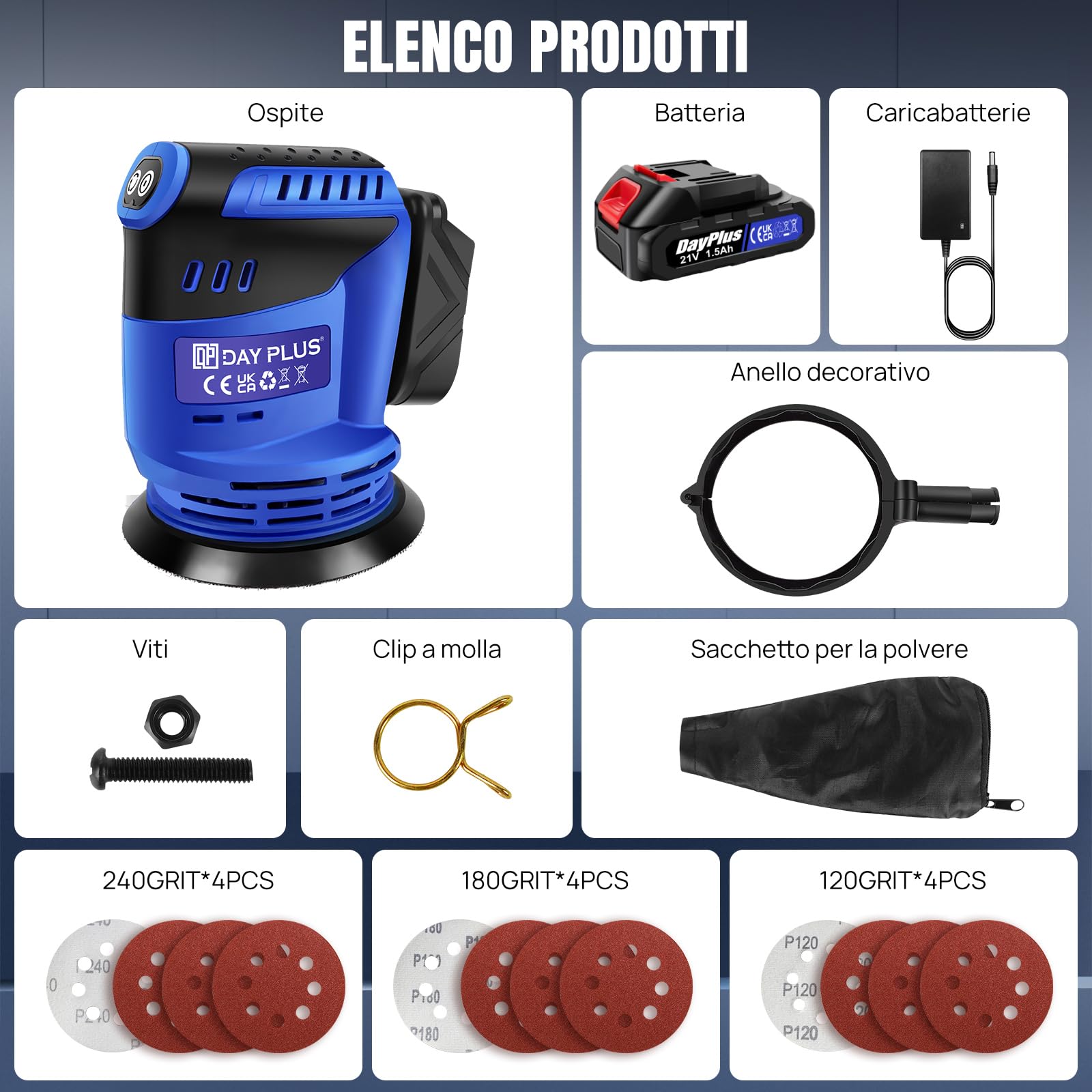 Levigatrice Rotorbitale a Batteria 21V, 125mm - 3 Velocità,11000 OPM,con Sacchetto Raccolta Polvere,1 batteria,1 caricatore,12 Carte Abrasive - Ideale per Legno, Laccature, Metallo e Ceratura