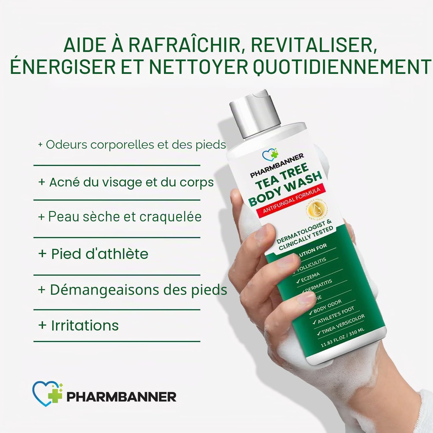Tea Tree Gel douche antifongique : traitement de la folliculite pour la peau sujette à la dermatite, l'acné du visage et du corps, démangeaisons, pied d'athlète, teigne, tinea versicolor, odeur