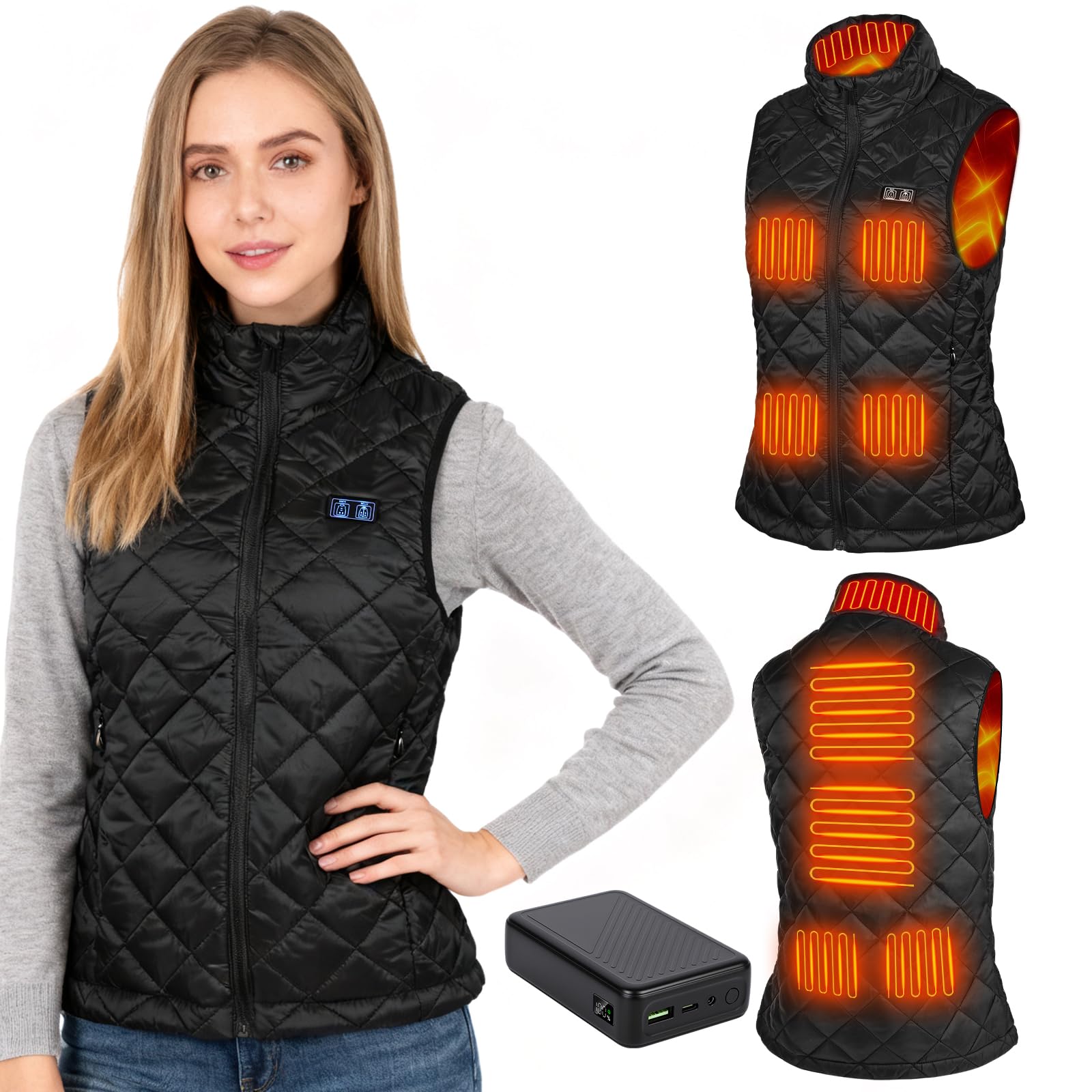 GuKKK Chaleco Calefactable, 20000mAh Chaleco con Calefacción Eléctrica USB para Mujeres Hombres, Carga Chaqueta Calefactora 9 Zonas de Calentamiento, Chaleco Térmico Ajustable con 3 Temperatura