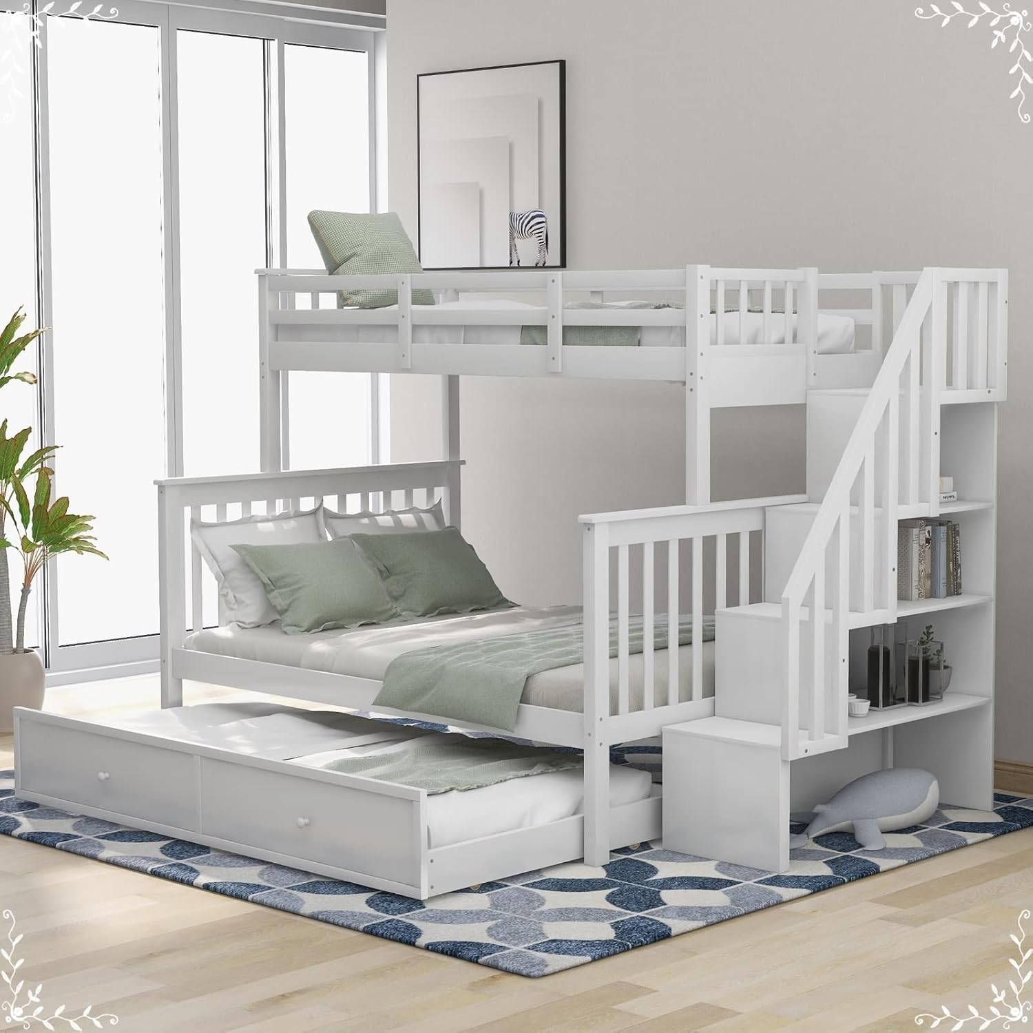 Bed Set for Kids, Bookcase Bed Twin Over Full with Storage for Stairs with Rail Guard Solid Wood Slats Bunk Bed with Trundle for Boy Girl Bedroom