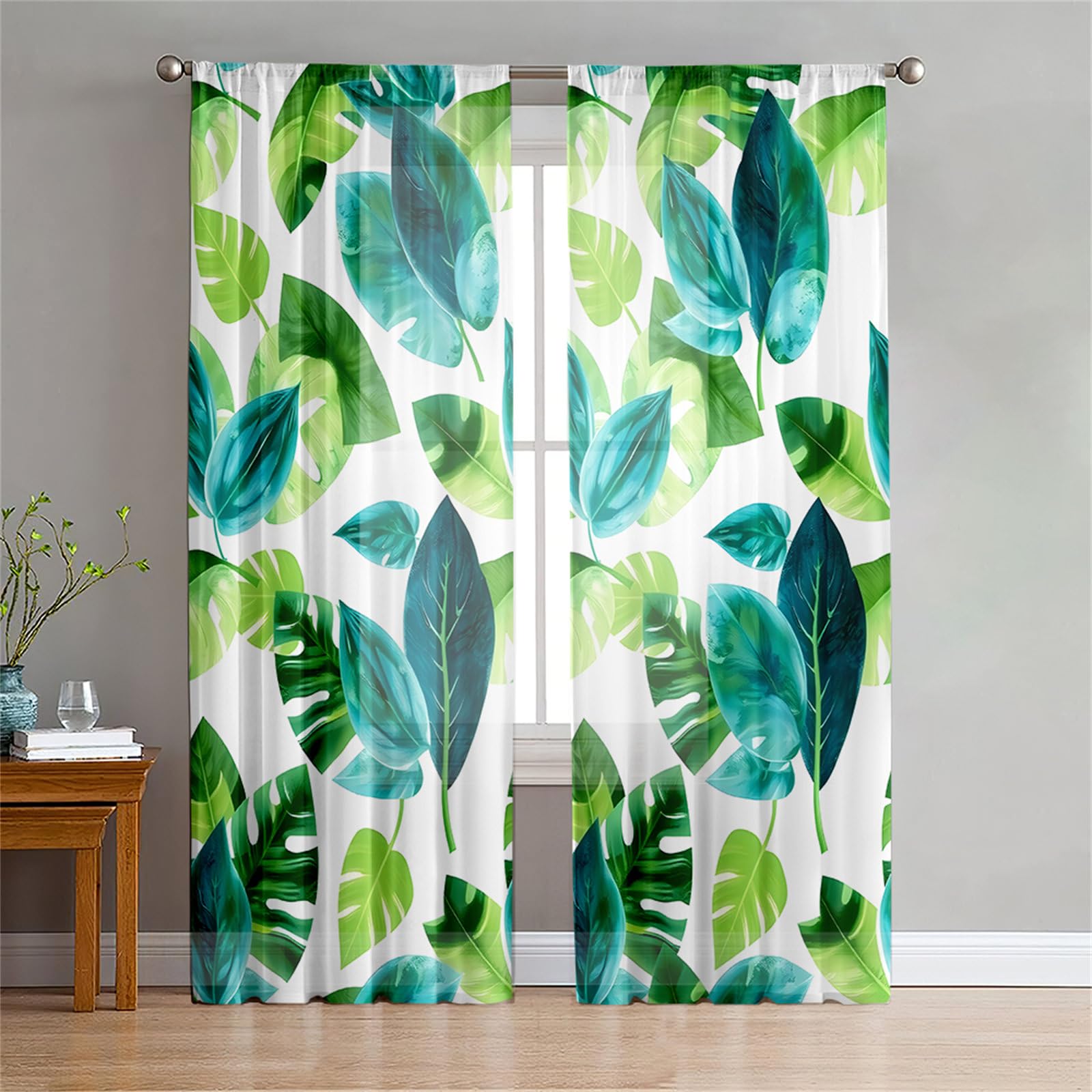 Surwin Net Curtains for Windows, Voile Curtain, 2 Panels Tropical Landscape with Eyelets, Semi Transparent Lightweight Voile Panel for Living Room Bedroom Balcony Decorative (Blue 2,W107xH160cm)