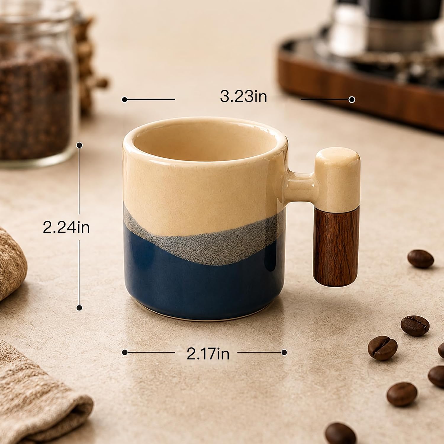 Gradient Ceramic Demitasse Espresso Cups Set Of 4 Wooden Handle 2.87 Oz Cute Small Ceramic Cup Gift Box For Home Cafe Office Holiday Housewarming Present