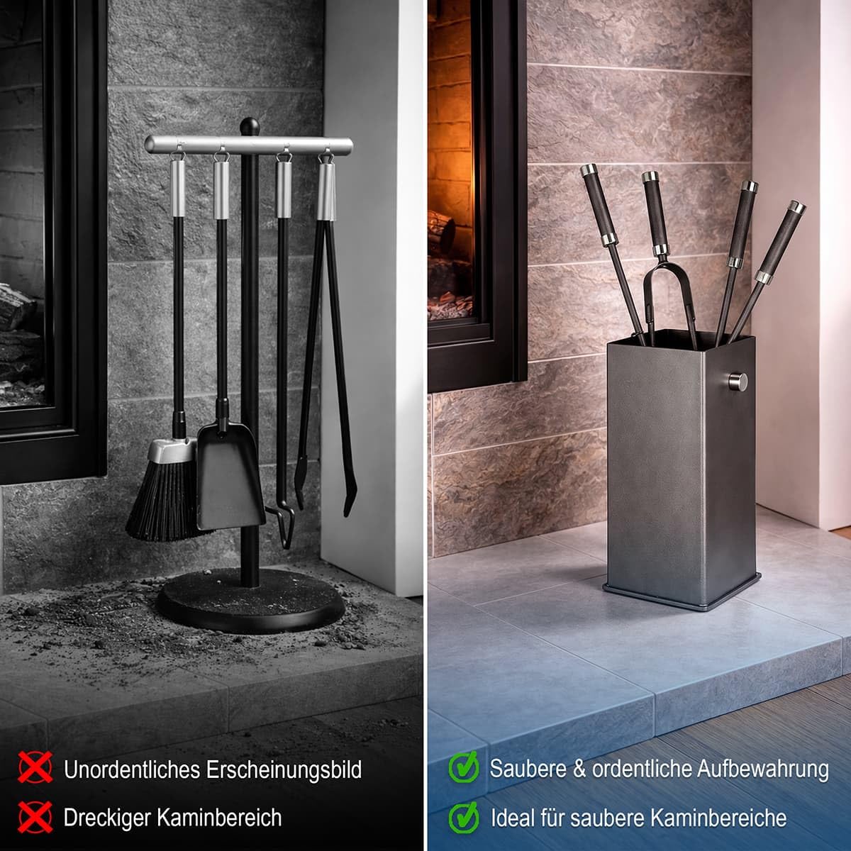 MS Beschläge Kamingarnitur Anthrazit 5-tlg. massiv Stahl – Kaminbesteck modern eckig mit geschlossenem Behälter - Kamin-Set Ofenbesteck-Set massiv & robust - Ofengarnitur Chrom-glänzende Akzente