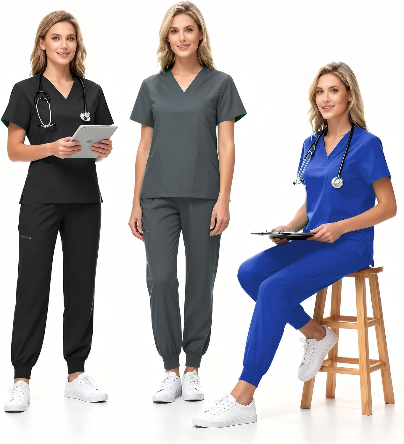 Women's Medical Scrub Sets Stretch V-Neck Scrub Top & Jogger Pant with 8 Pockets Nursing Uniform Scrubs Suit - Image 5