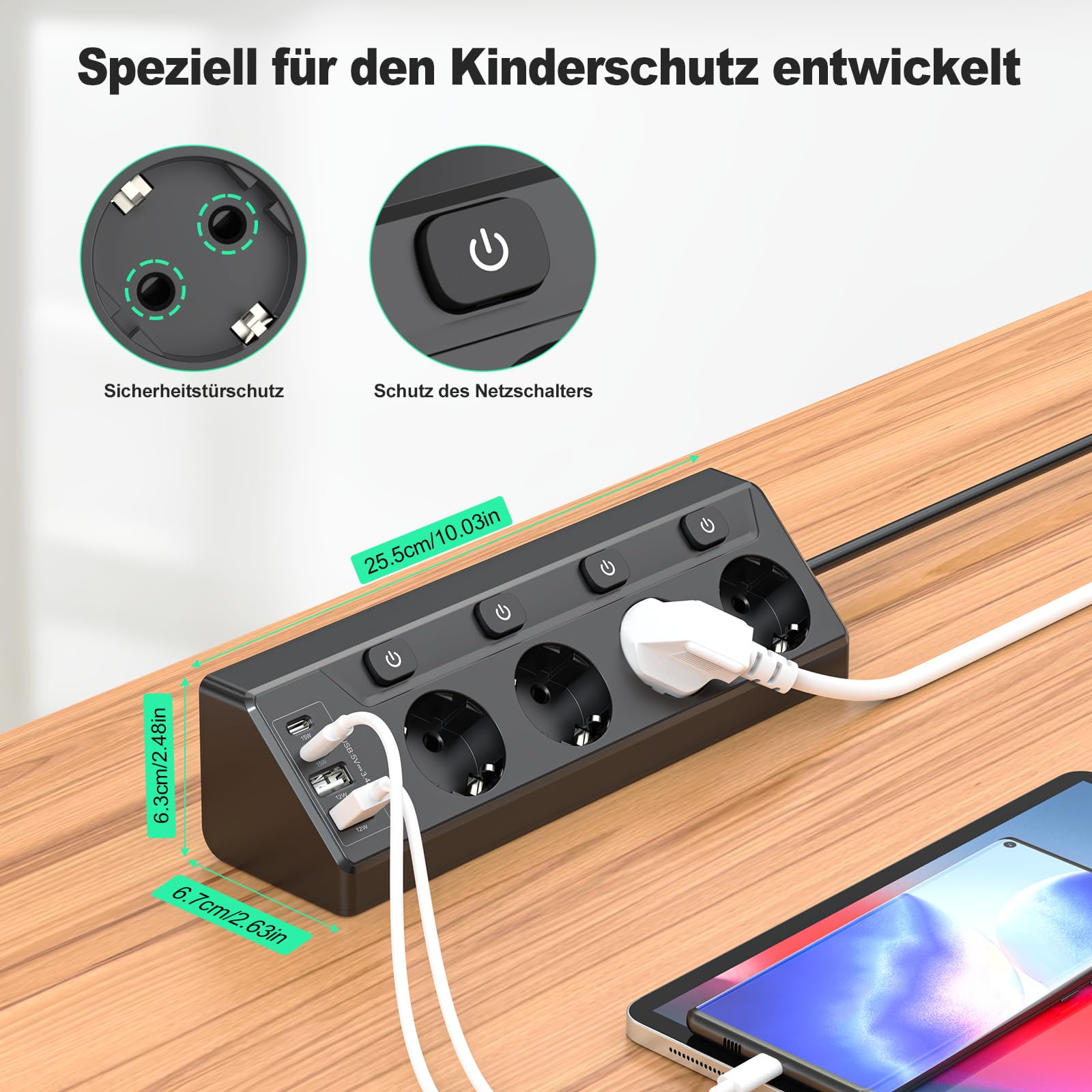 Tischstopcontact met USB, 4-voudige stekkerdoos tafelblad met afzonderlijke schakelaar, 10-in-1 hoekstopcontact met 4 USB A & 2 USB C (PD 20W) met 3M kabel, overspanningsbeveiliging stopcontact tafel