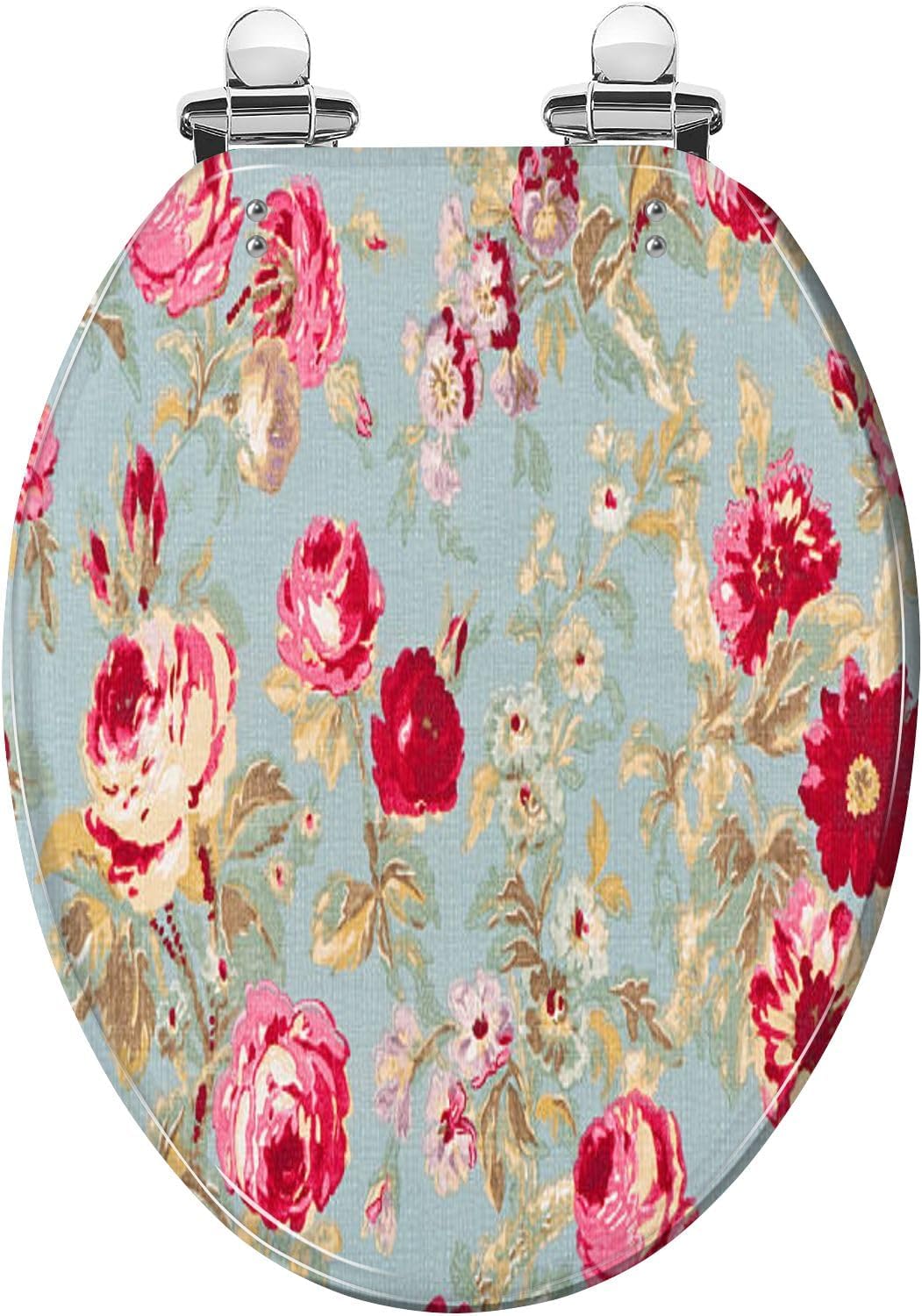 Elongated Toilet Seat Rose Close Up Antique Floral Fabric Resin Toilet