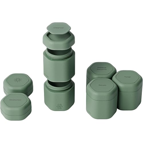 Cadence Travel Containers - Full Skincare Set - Magnetic Containers with Lids,Carry On Travel Essentials For Women/Men - 2 Small (0.56oz), 4 Medium Capsules (1.32oz), & Extender (1.43oz) - Eucalyptus
