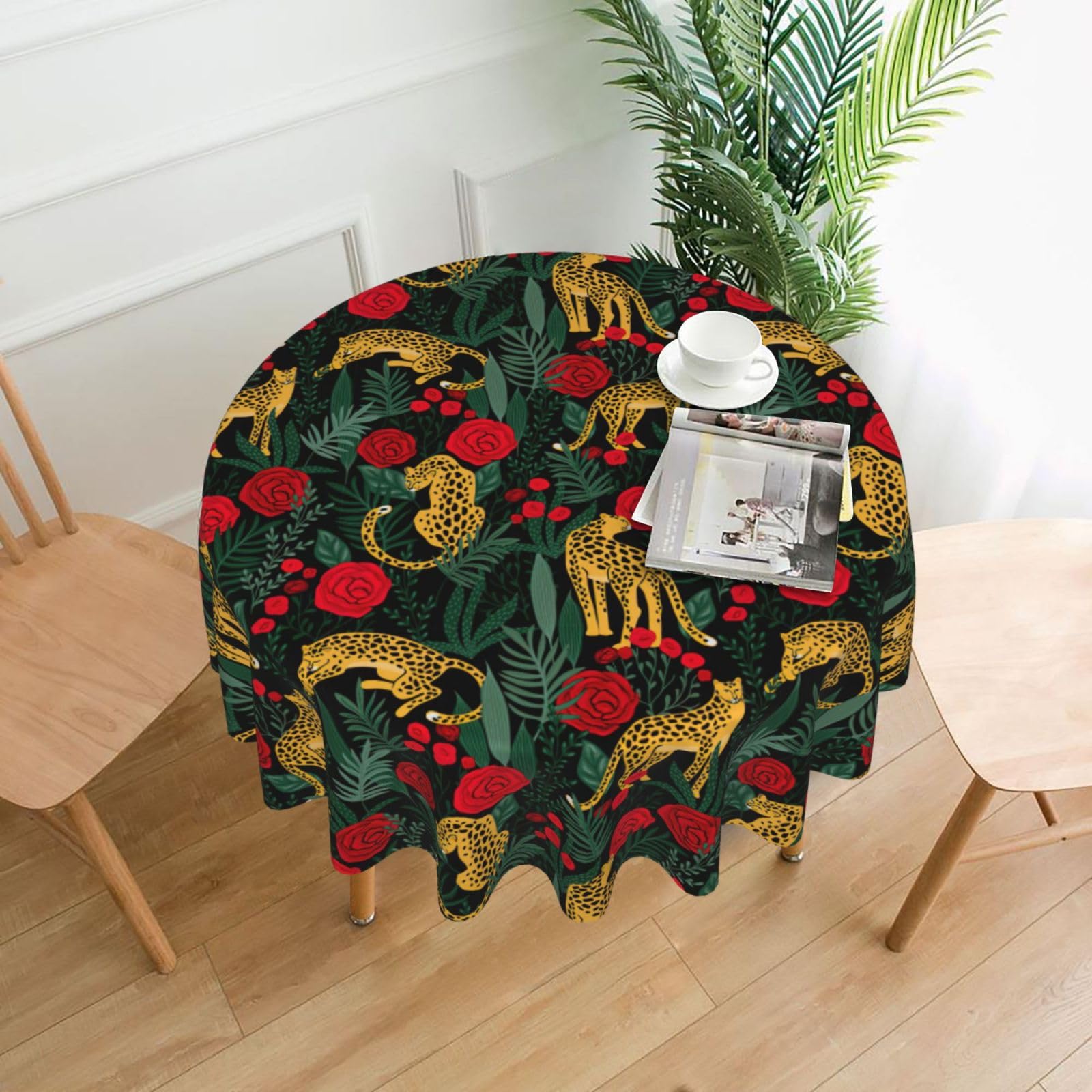 SDEGTHO leopard and roses Print Modern Retro Round Tablecloth 60in Polyester Fabric Cover for Party Dining Table Washable