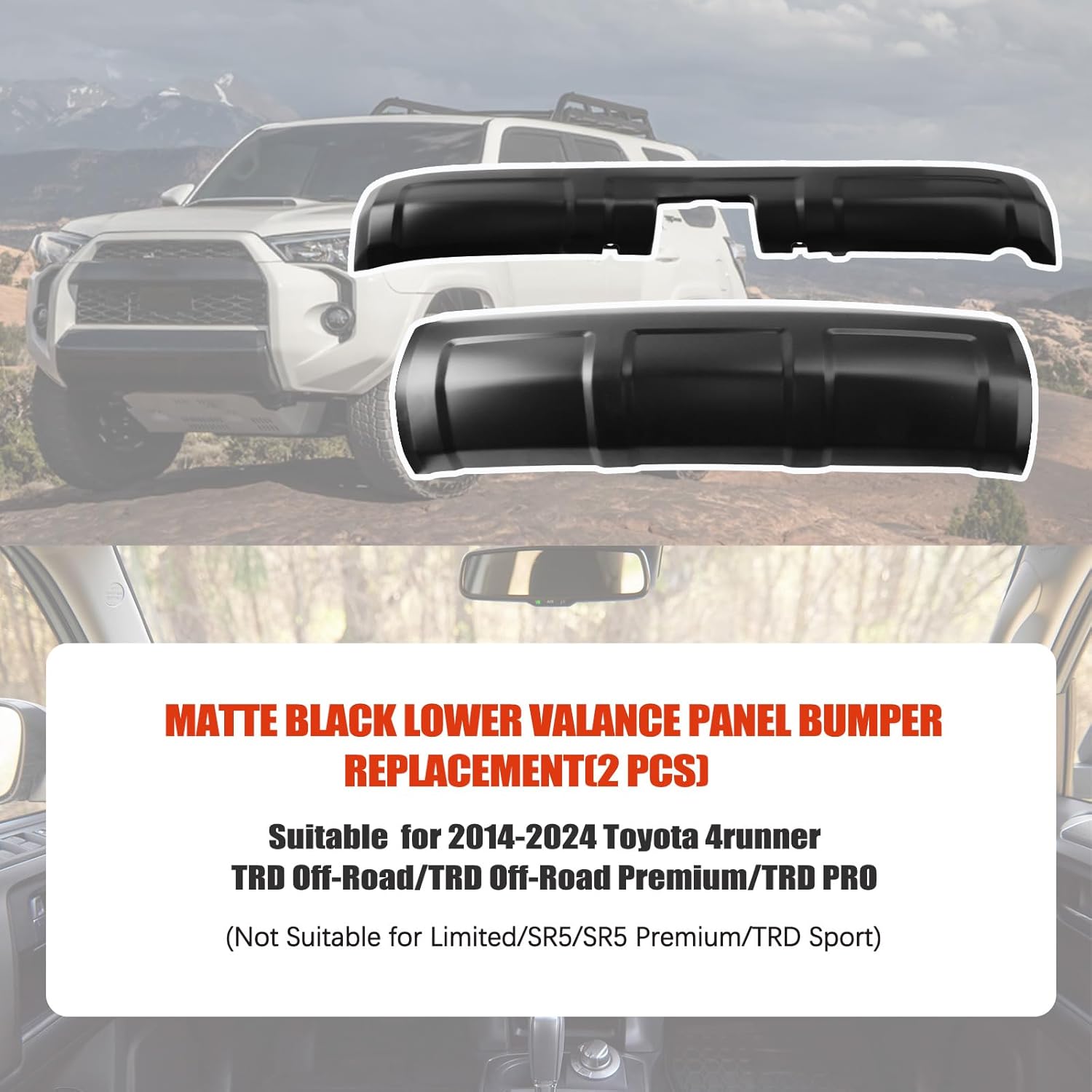 Lower Valance Panel for Toyota 4runner - Tesmirror Bumper Molding for Toyota 4Runner 2016 2017 2018 2019 2020 2021 2022 2023 2024 Replacement ABS Matte Black, Front Rear 2PCS