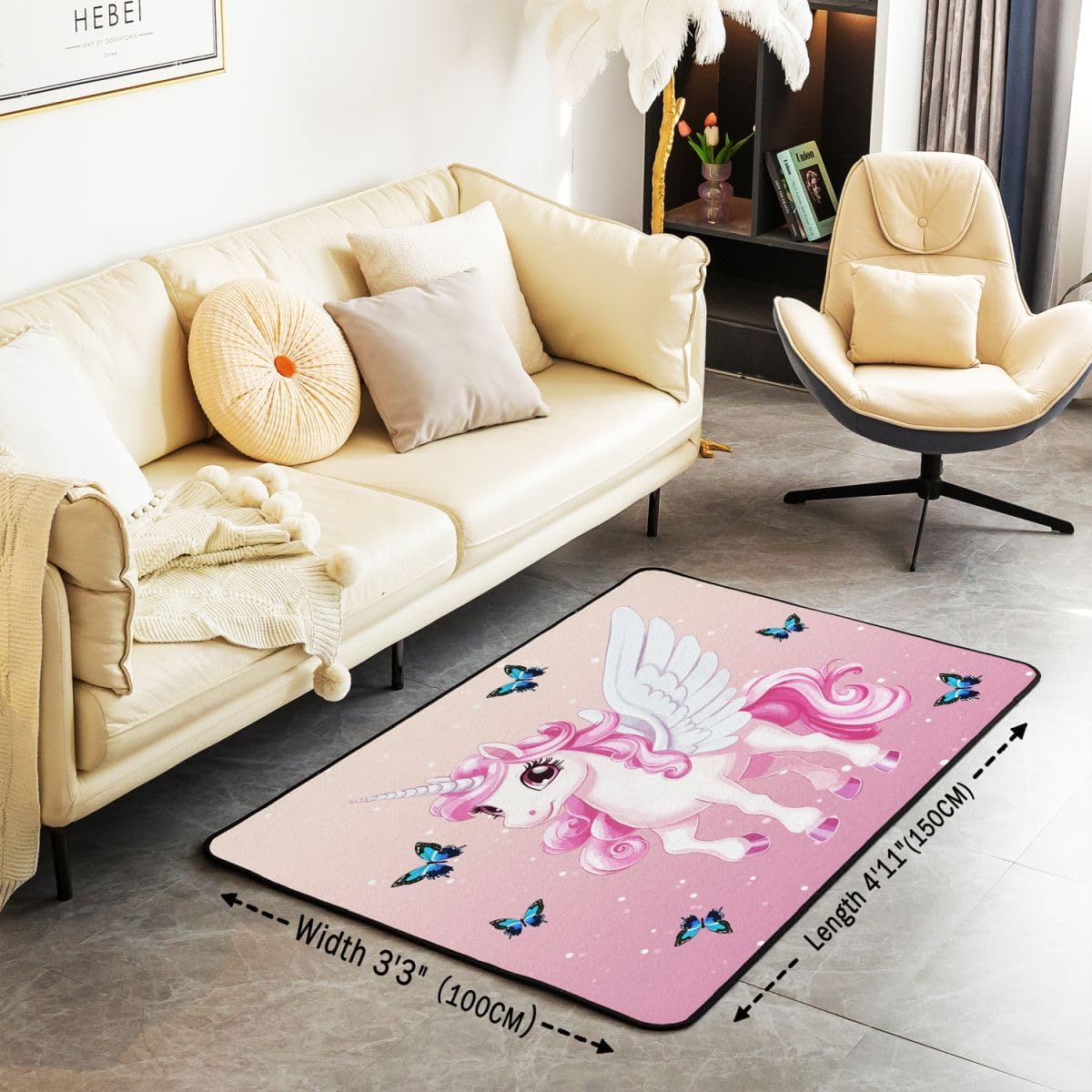 Cute Unicorn Area Rug 5x7 Kids Cartoon Unicorn Decorative Carpet for Boys Girls Teens Butterfly Pink Galaxy Rugs for Living Room Bedroom Non-Slip Magical Animal Indoor Floor Mat Room Decor Accent Rug