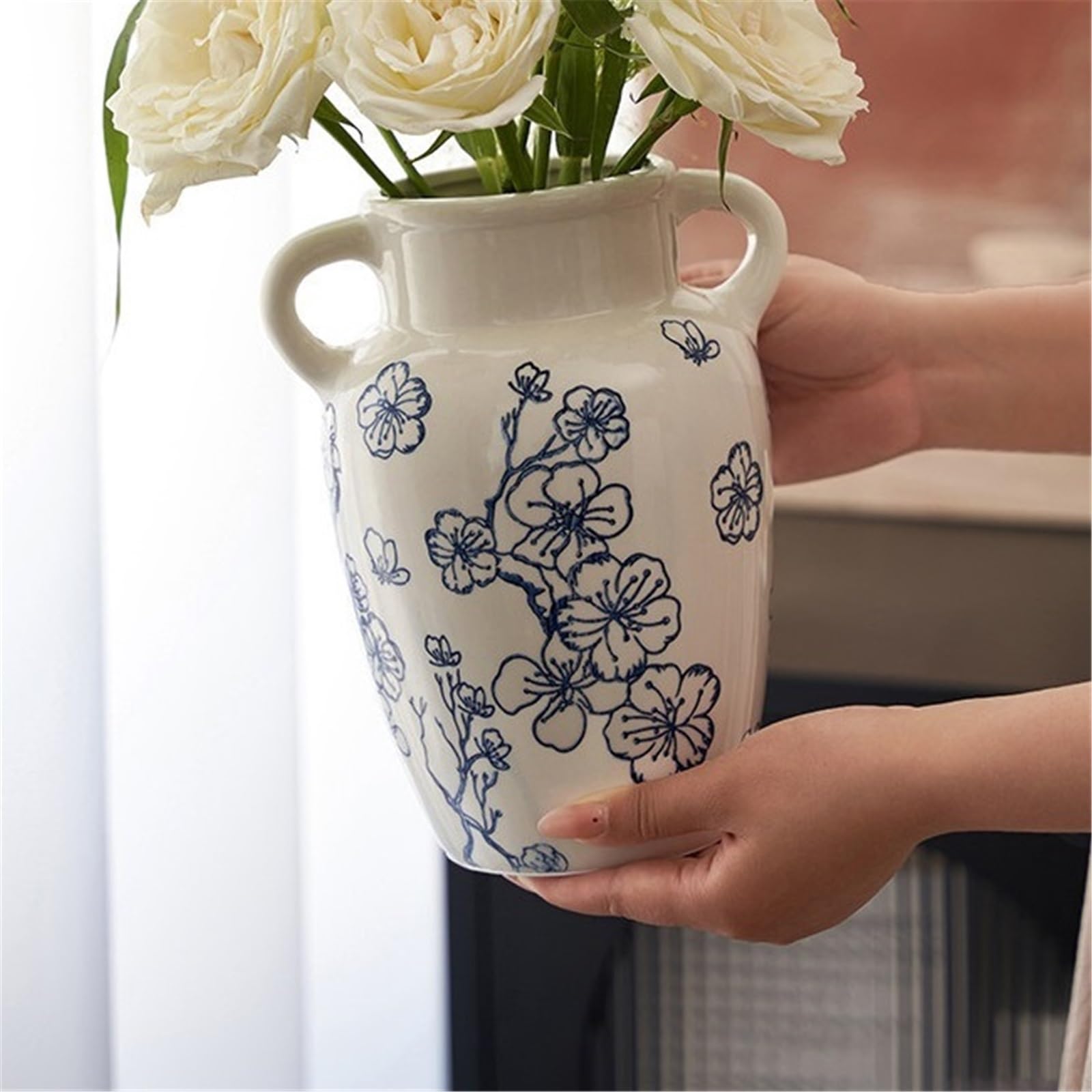 Wazon z kwiatami Retro niebieski zarys kwiatu śliwki wazony ceramiczne krótki szeroki wazon akcentujący do szafki w salonie