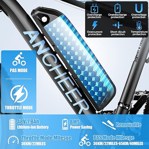 Miniatura 3 de ANCHEER Bicicleta eléctrica para adultos, [motor pico de 750 W], bicicleta eléctrica de montaña de 26 pulgadas, bicicleta eléctrica de 55 millas Azul