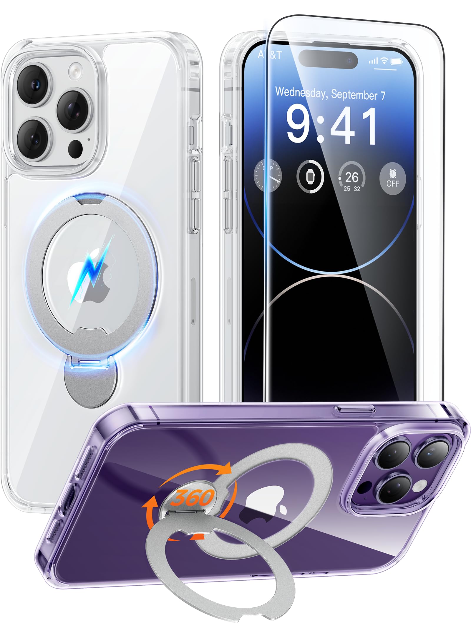 for iPhone 14 Pro Max Case with 360 Spin Magnetic Stand Clear