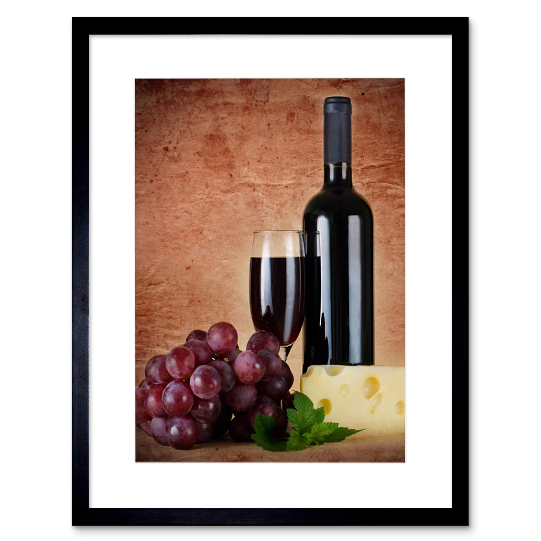Wee Blue Coo RED WINE GLASS CHEESE GRAPES KITCHEN BLACK FRAMED ART PRINT PICTURE B12X9433