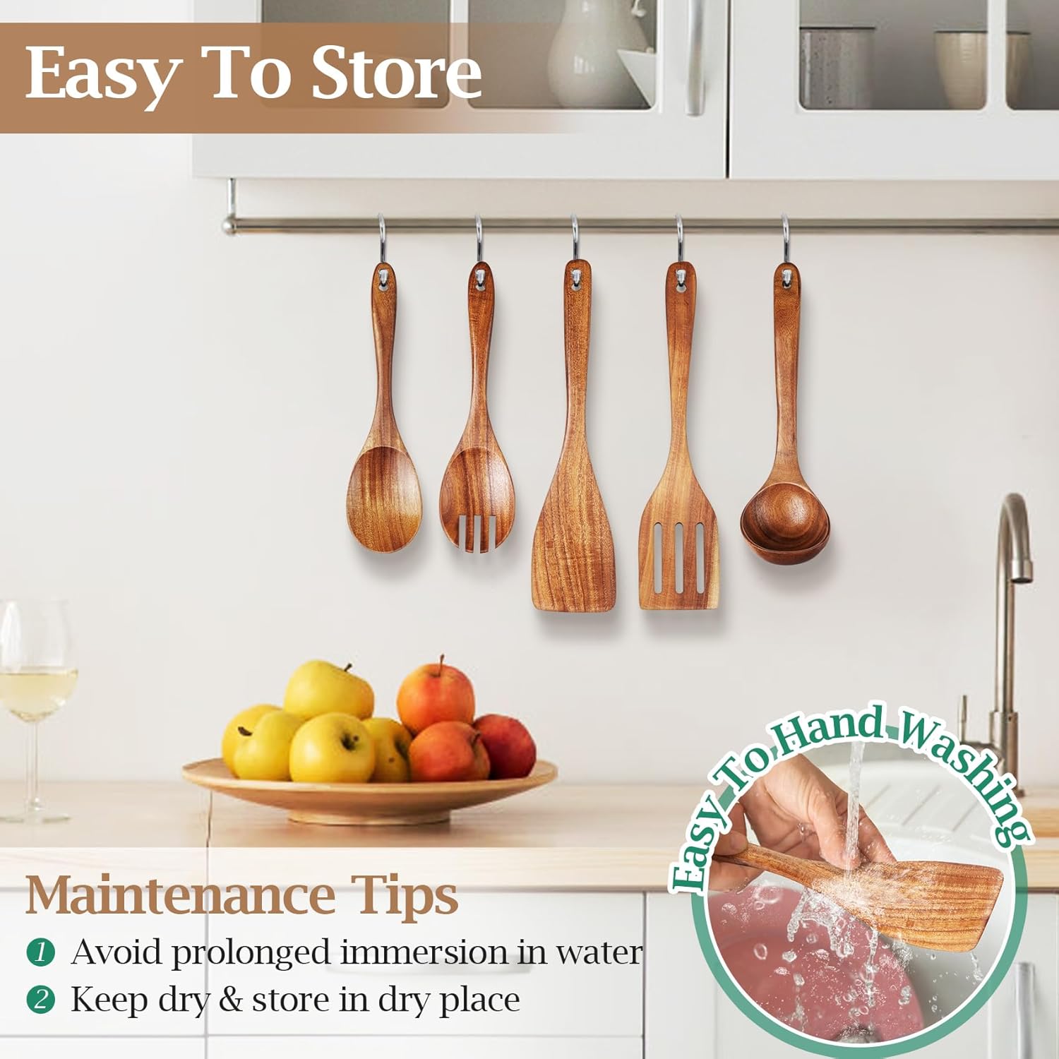 TeamFar Cooking Utensils Set, 5 PCS Natural Wood Kitchen Utensils, Wooden Spoons for Cooking, Smooth Teak for Nonstick Cookware, Heat Resistant Wooden Spatula Ladle, Comfortable Grip, Easy to Clean - Image 5