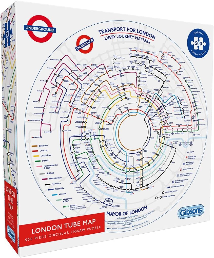 Gibsons TfL Circular Underground Tube Map 500 Piece Round Jigsaw Puzzle for Adults | Great Britain London Transport | Made in The UK | Sustainable Premium 100% Recycled Board Great Gift Gibsons Games